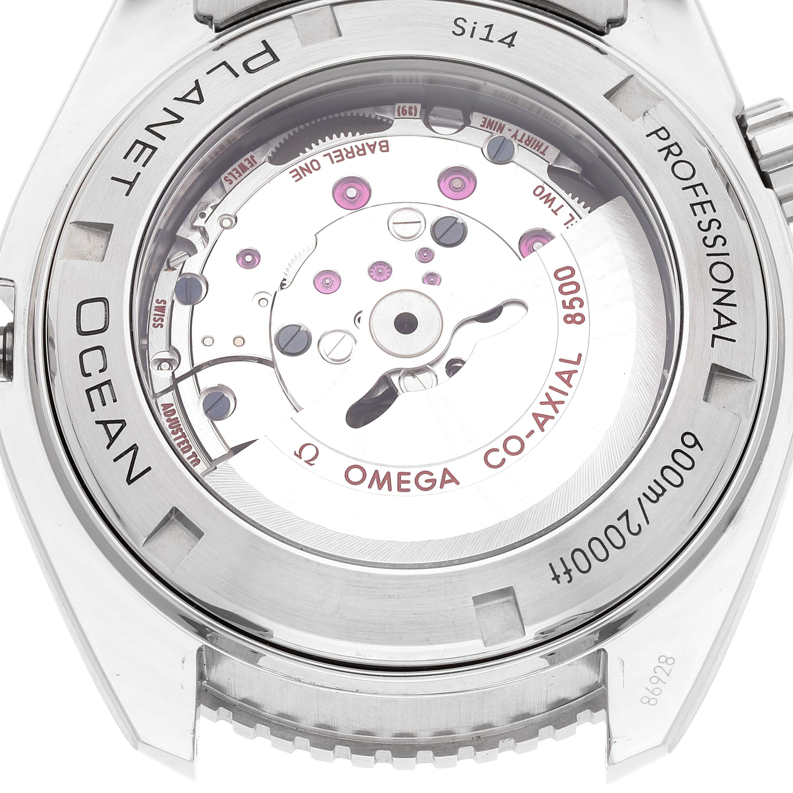 The image shows the back view of the Omega Planet Ocean 232.30.46.21.01.001 Men
s Stainless Steel Black Dial 232.30.46.21.01.001 Men
s Stainless Steel Black Dial watch, displaying its Co-Axial 8500 movement.