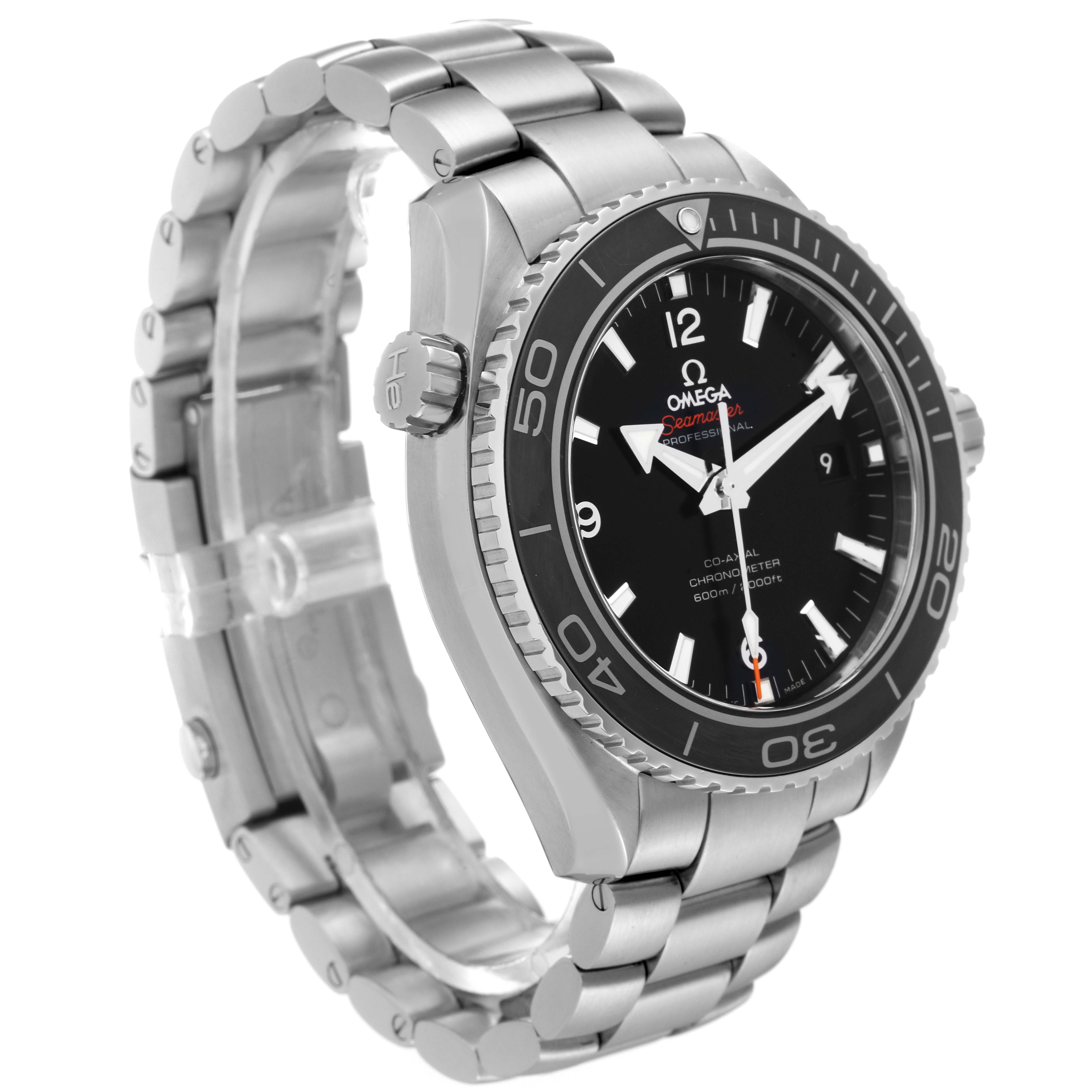 The Planet Ocean model by Omega is shown at a three-quarter angle, showcasing the dial, bezel, crown, and stainless steel bracelet.