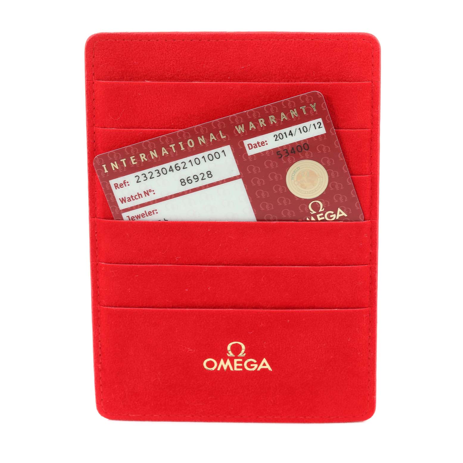 This image shows an Omega International Warranty card in a red Omega-branded holder, part of the Planet Ocean model accessories.