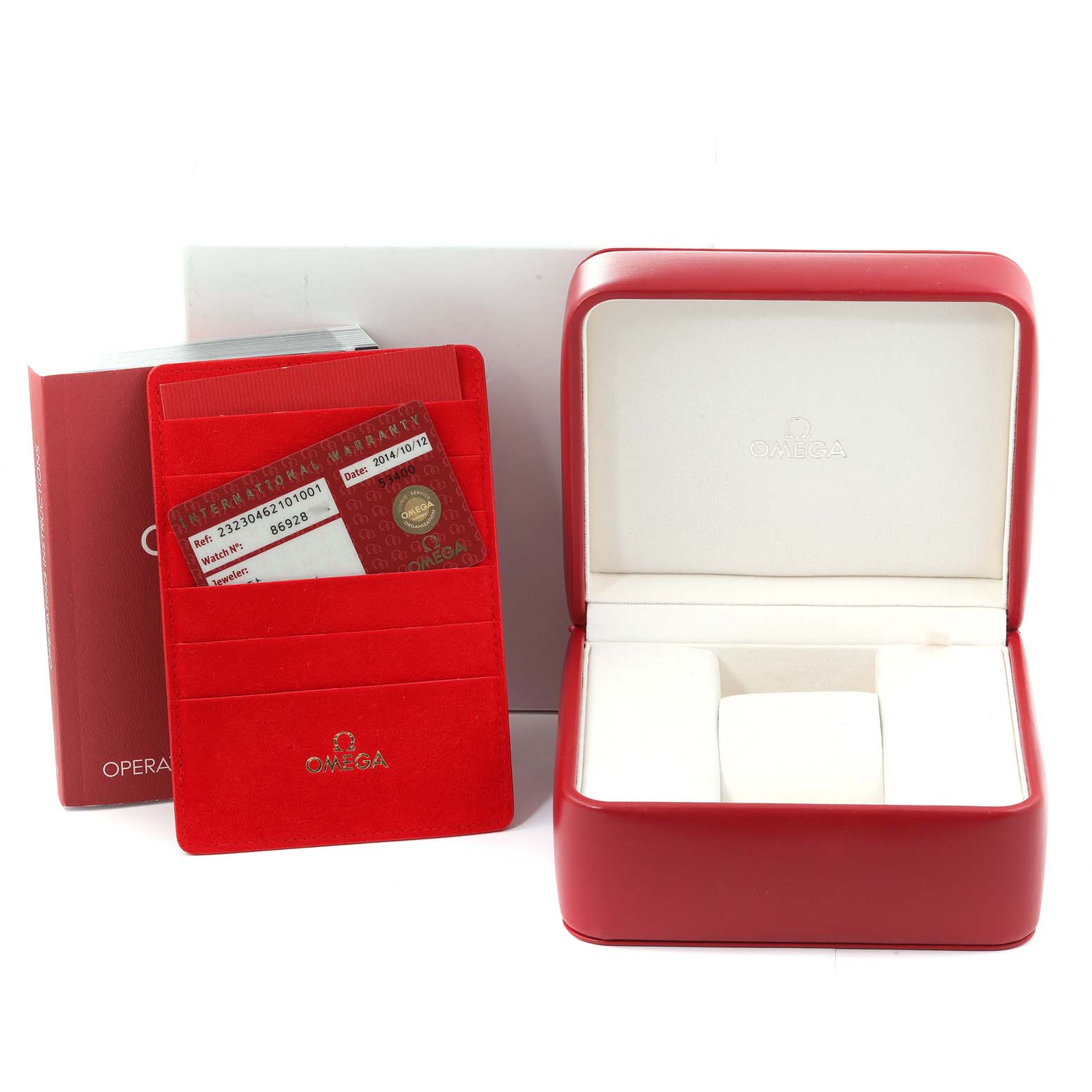 The image shows Omega Planet Ocean 232.30.46.21.01.001 Men
s Stainless Steel Black Dial 232.30.46.21.01.001 Men
s Stainless Steel Black Dial watch accessories, including the case, warranty cards, and manual, from a straight-on angle.