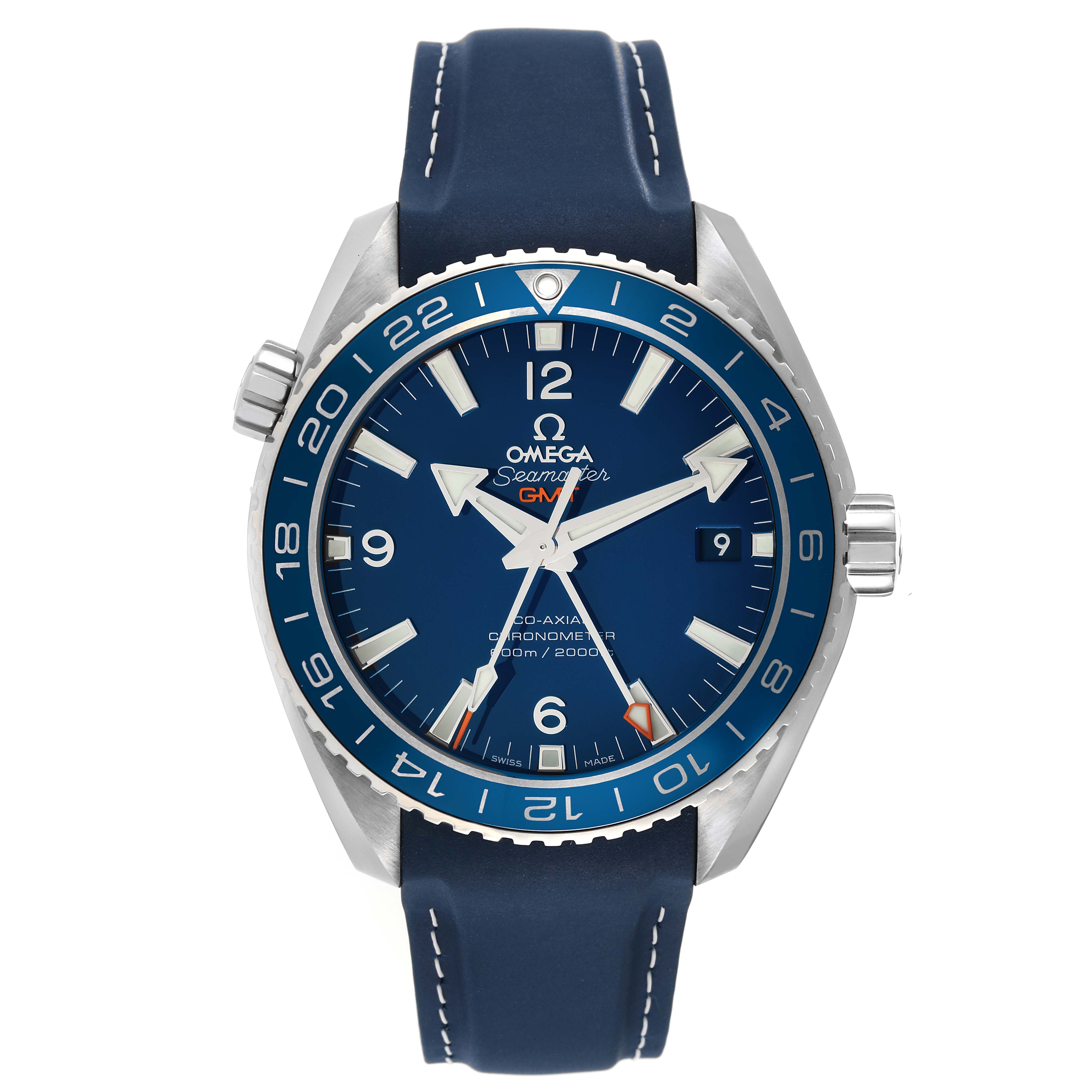 The Omega Planet Ocean 232.92.44.22.03.001 Men
s Stainless Steel Blue Dial 232.92.44.22.03.001 Men
s Stainless Steel Blue Dial watch
s face is shown straight-on, highlighting the dial, bezel, and blue leather strap.