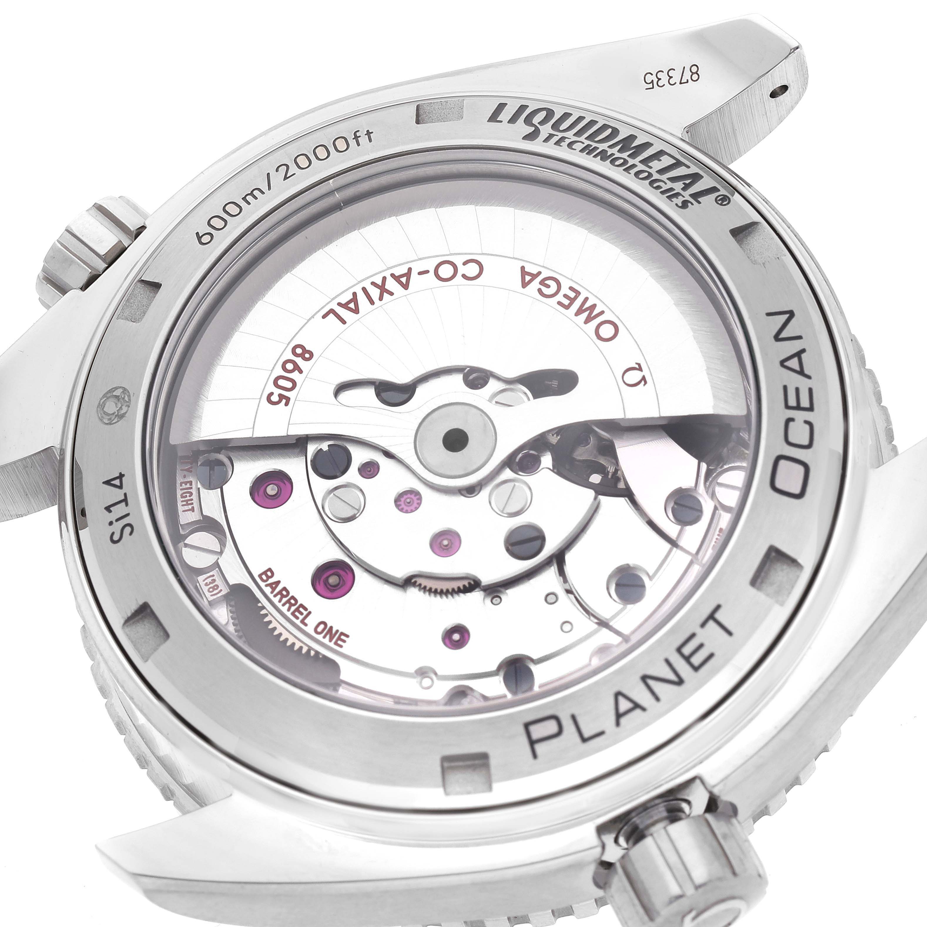 The image shows the back of an Omega Planet Ocean 232.92.44.22.03.001 Men
s Stainless Steel Blue Dial 232.92.44.22.03.001 Men
s Stainless Steel Blue Dial watch, highlighting its internal mechanics and liquid metal technology.