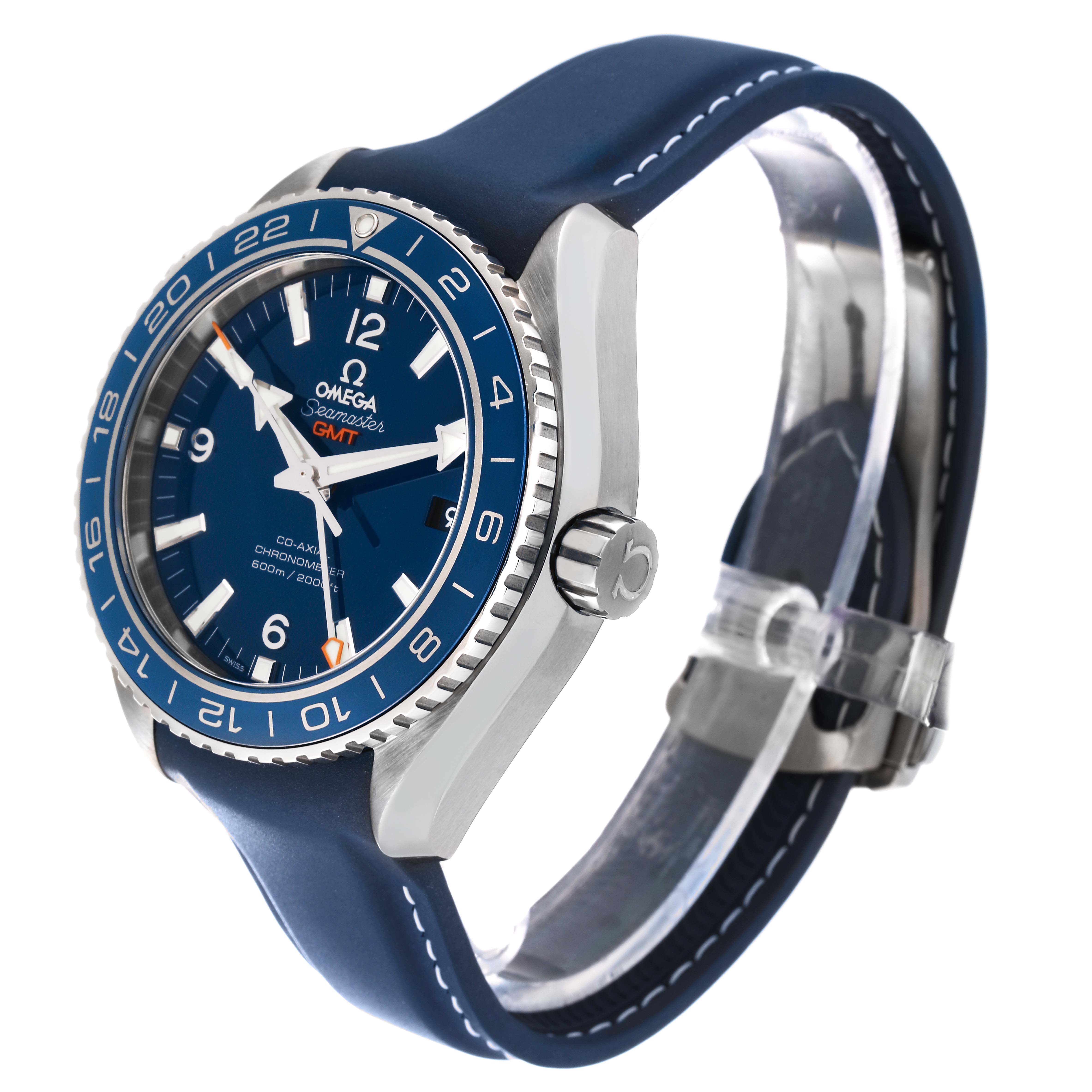 The Omega Planet Ocean 232.92.44.22.03.001 Men
s Stainless Steel Blue Dial 232.92.44.22.03.001 Men
s Stainless Steel Blue Dial watch is shown at an oblique angle, highlighting its dial, bezel, and part of the strap.