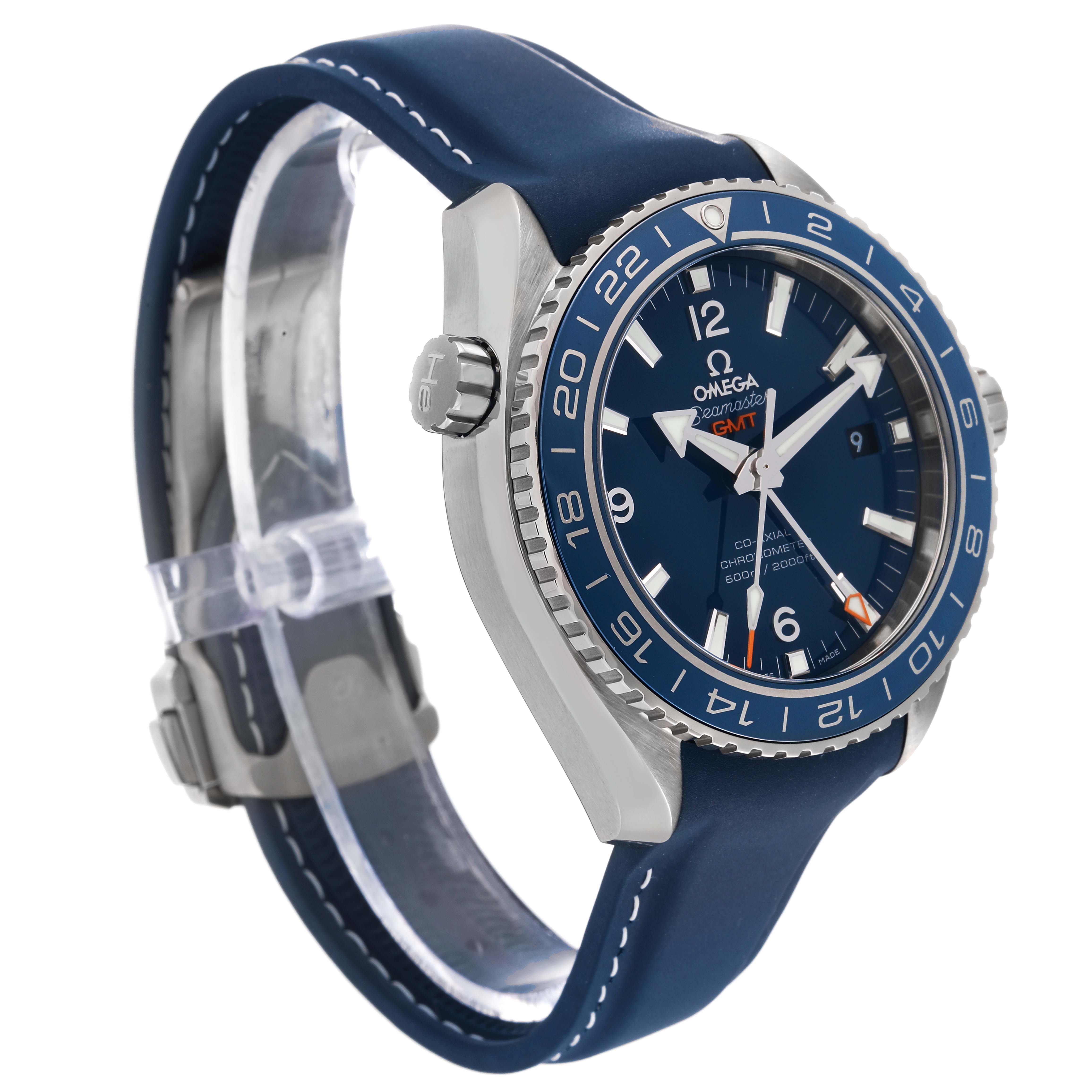 The image shows a side angle of the Omega Planet Ocean 232.92.44.22.03.001 Men
s Stainless Steel Blue Dial 232.92.44.22.03.001 Men
s Stainless Steel Blue Dial GMT watch displaying its face, bezel, crown, and strap.