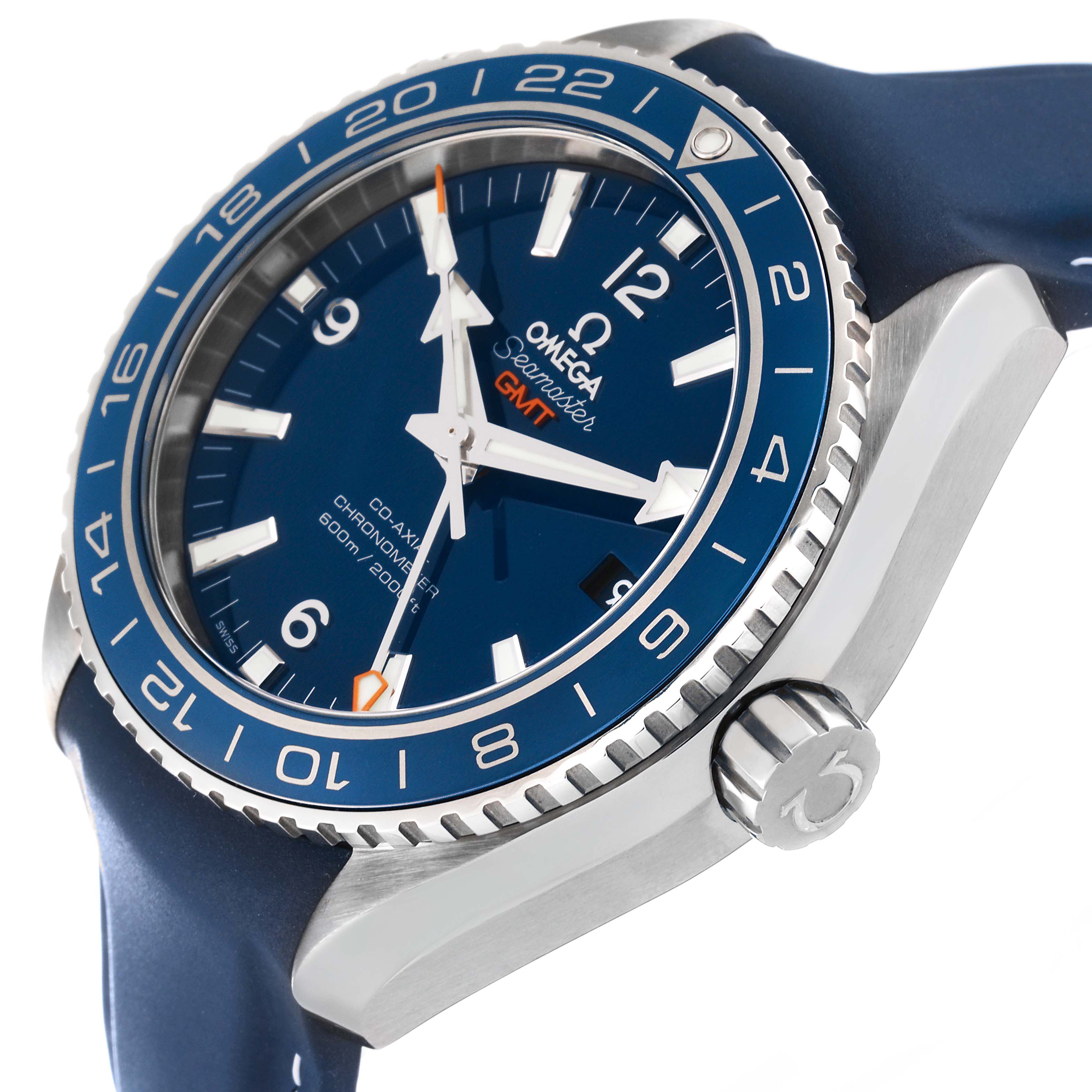The Omega Planet Ocean 232.92.44.22.03.001 Men
s Stainless Steel Blue Dial 232.92.44.22.03.001 Men
s Stainless Steel Blue Dial model watch is shown at an oblique angle, highlighting the face, bezel, crown, and part of the strap.