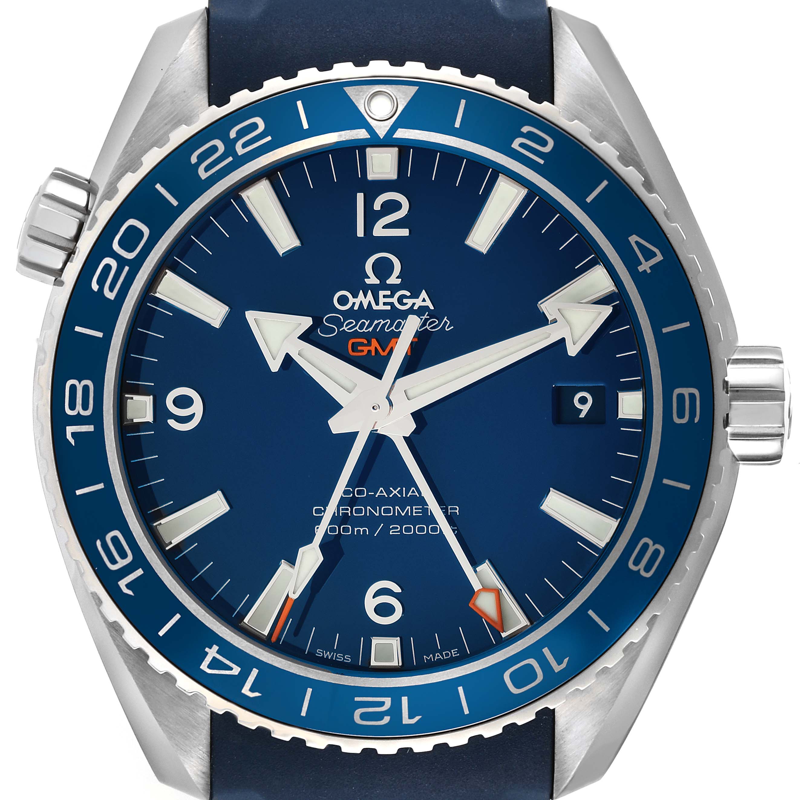 The image shows a front view of the Omega Planet Ocean 232.92.44.22.03.001 Men
s Stainless Steel Blue Dial 232.92.44.22.03.001 Men
s Stainless Steel Blue Dial GMT model showcasing its watch face, bezel, and crown.