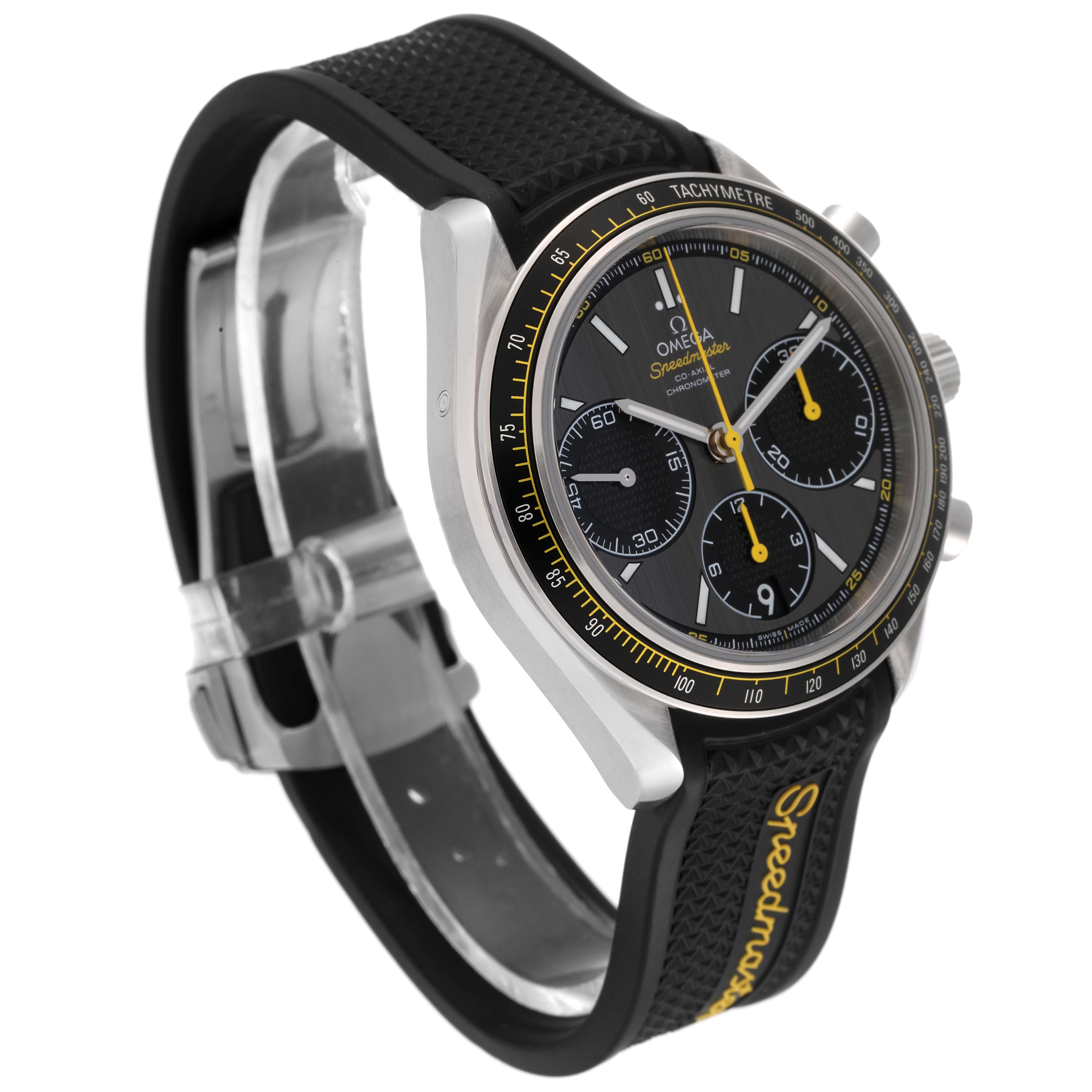 This image shows a side angle view of the Omega Speedmaster 326.32.40.50.06.001 Men's Stainless Steel Grey Dial 326.32.40.50.06.001 Men's Stainless Steel Grey Dial watch, displaying the face, bezel, pushers, and part of the strap.