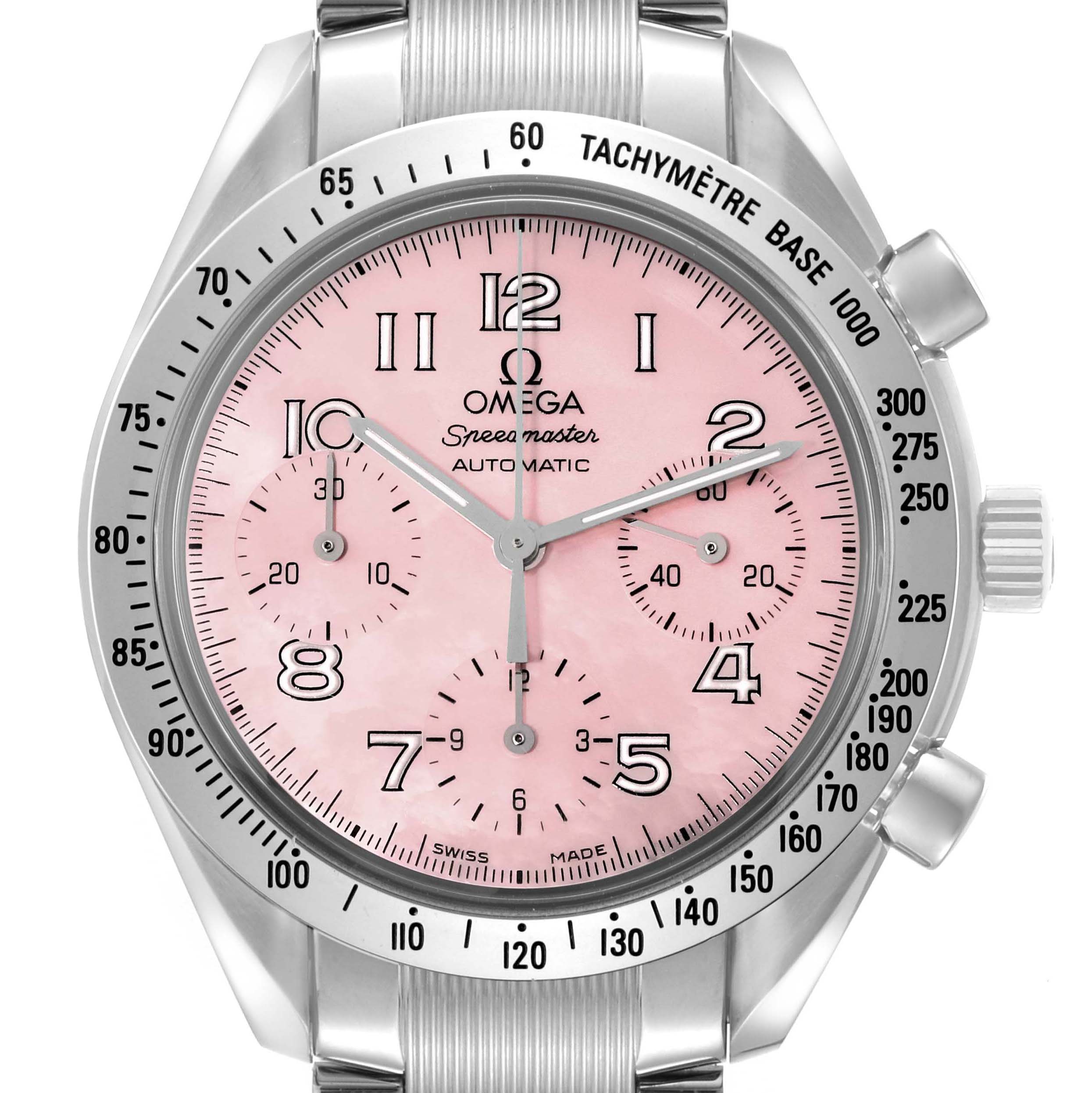 The image shows a front view of an Omega Speedmaster 3502.78.00 Men's Stainless Steel Mother of Pearl Dial 3502.78.00 Men's Stainless Steel Mother of Pearl Dial watch featuring a pink dial and a tachymeter bezel.