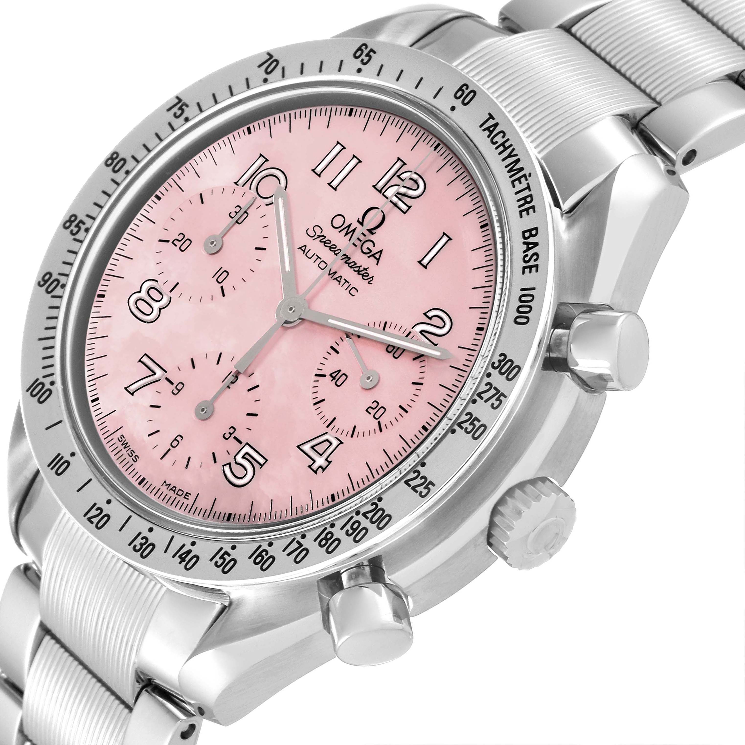 This is a close-up angle of the Omega Speedmaster 3502.78.00 Men's Stainless Steel Mother of Pearl Dial 3502.78.00 Men's Stainless Steel Mother of Pearl Dial watch, showing the pink dial, chronograph subdials, bezel, and metal bracelet.
