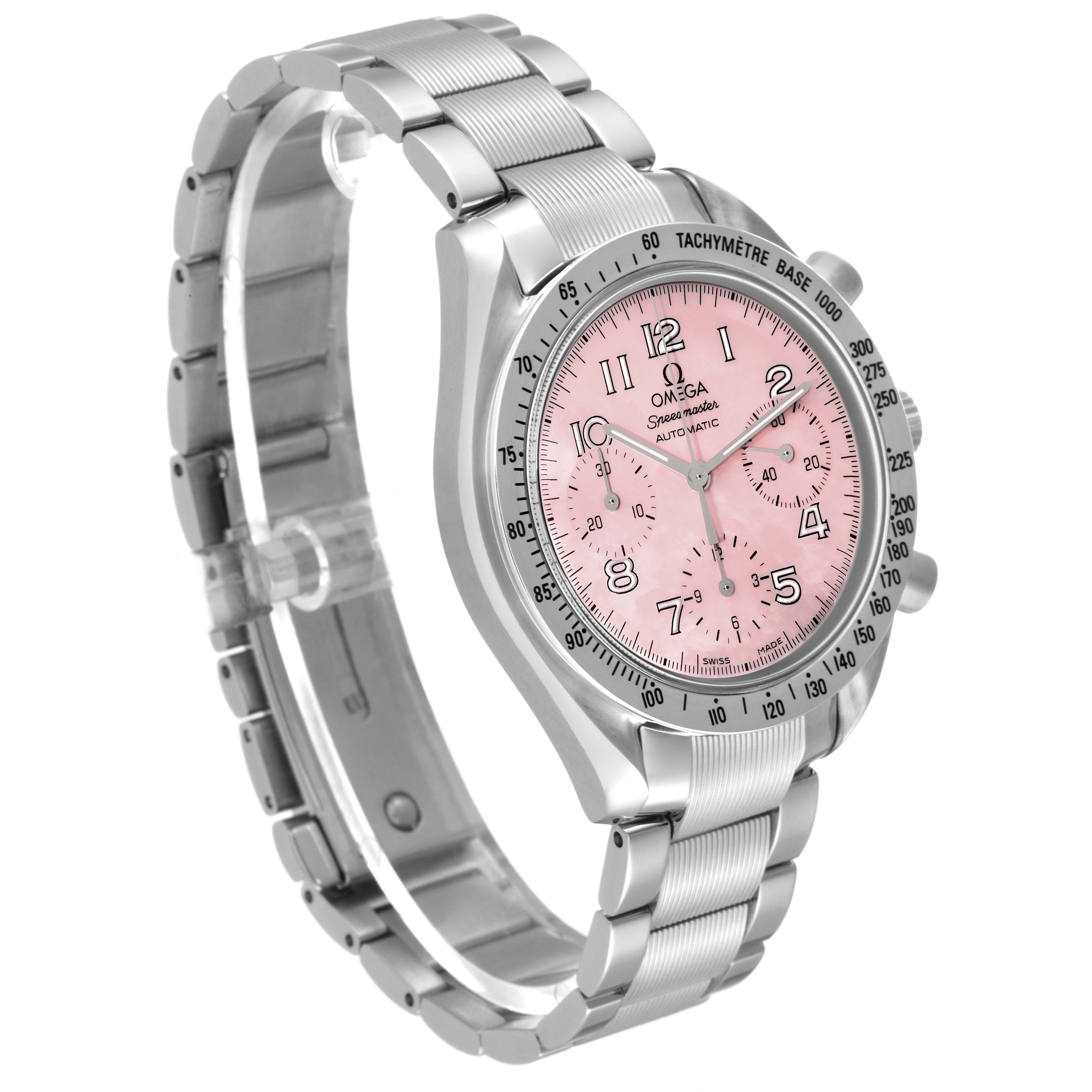 The image shows a side view of the Omega Speedmaster 3502.78.00 Men's Stainless Steel Mother of Pearl Dial 3502.78.00 Men's Stainless Steel Mother of Pearl Dial watch with a pink dial and a silver stainless steel bracelet.