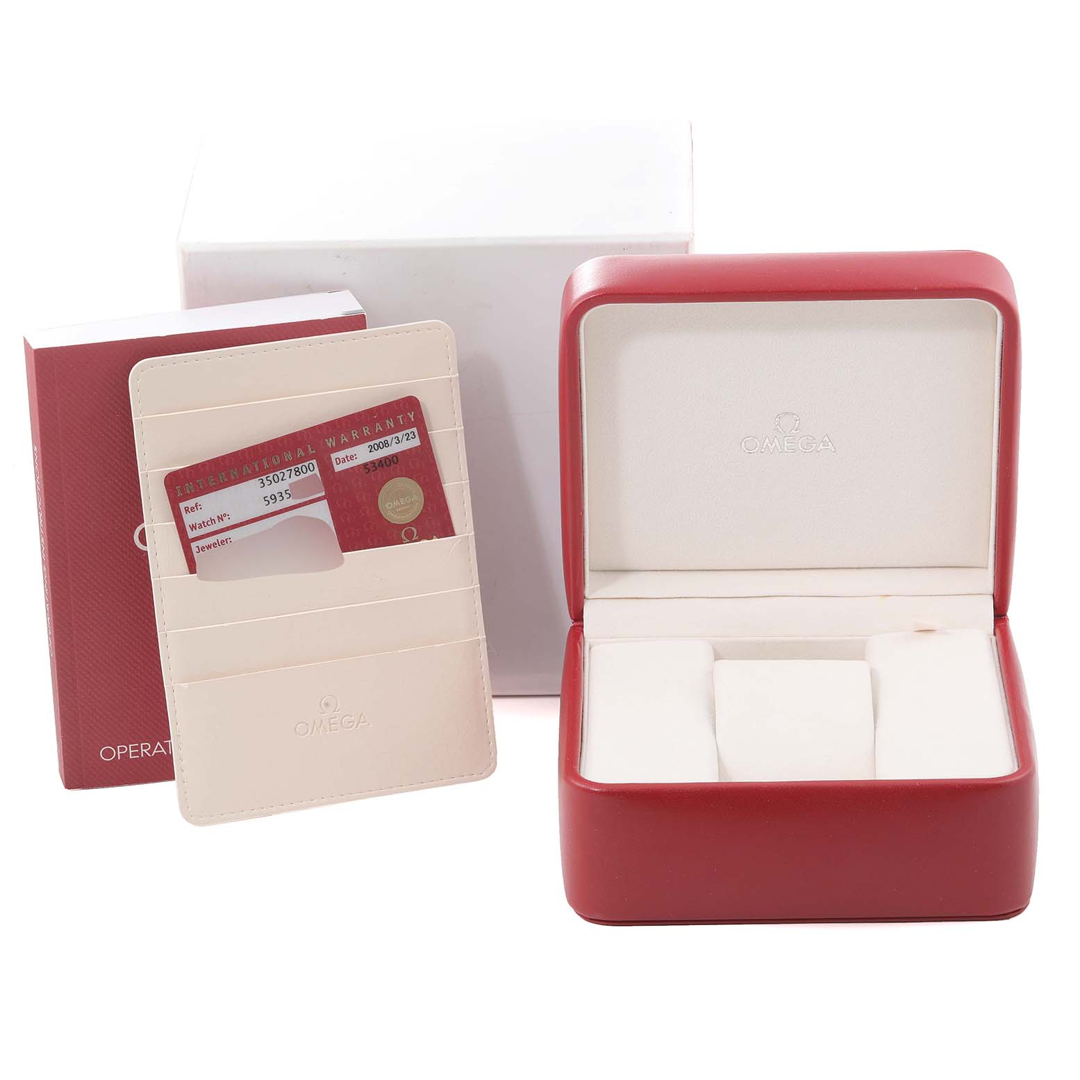 The image shows an Omega Speedmaster 3502.78.00 Men's Stainless Steel Mother of Pearl Dial 3502.78.00 Men's Stainless Steel Mother of Pearl Dial watch box, warranty card, and manual from a front angle.