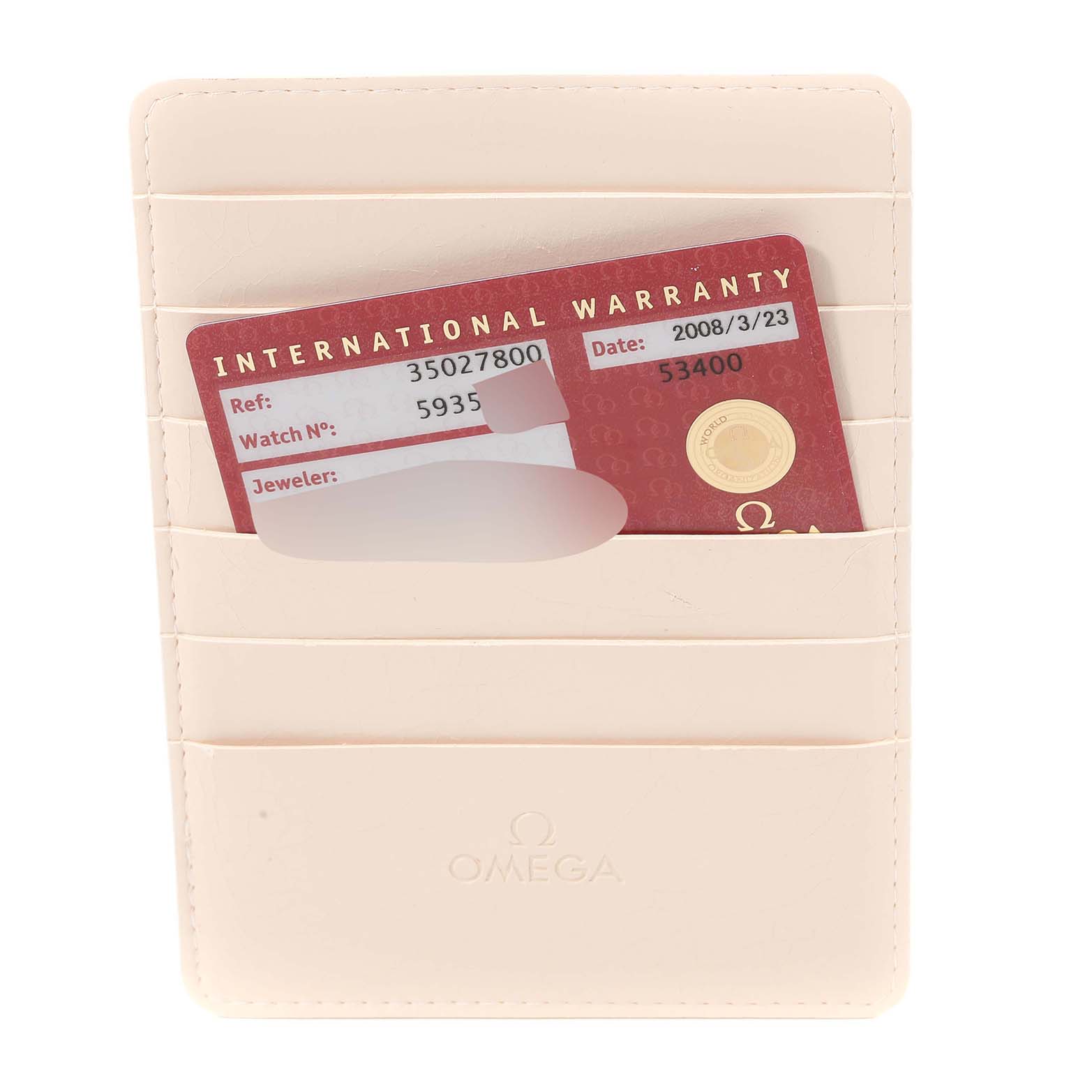 The image shows an Omega Speedmaster 3502.78.00 Men's Stainless Steel Mother of Pearl Dial 3502.78.00 Men's Stainless Steel Mother of Pearl Dial International Warranty card inserted into a beige cardholder from a top angle.