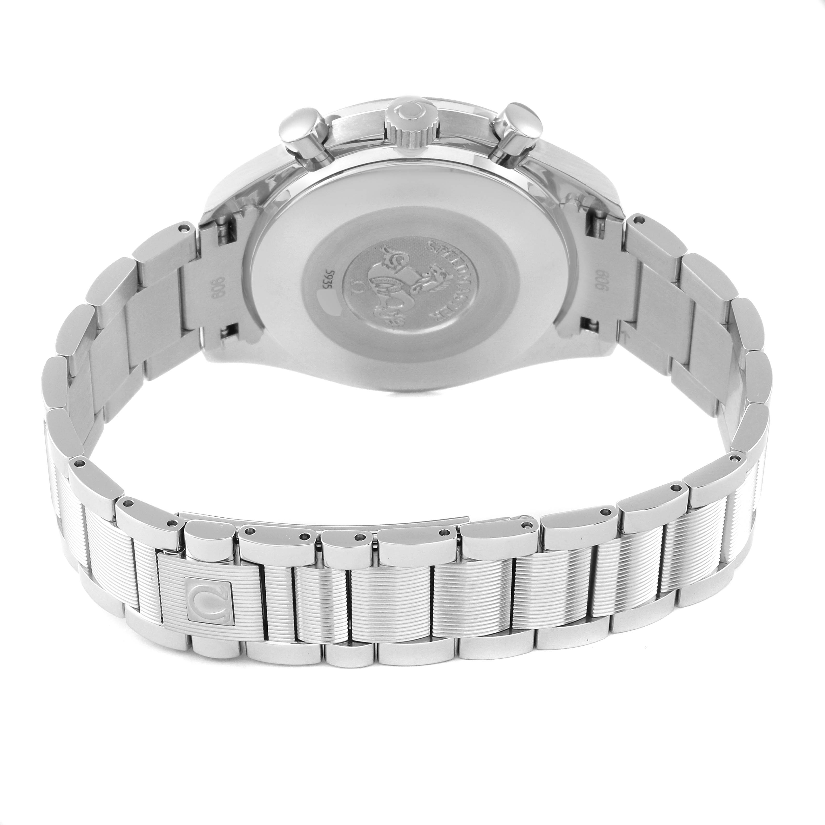 The image shows the back casing and bracelet of an Omega Speedmaster 3502.78.00 Men's Stainless Steel Mother of Pearl Dial 3502.78.00 Men's Stainless Steel Mother of Pearl Dial watch at a rear angle.