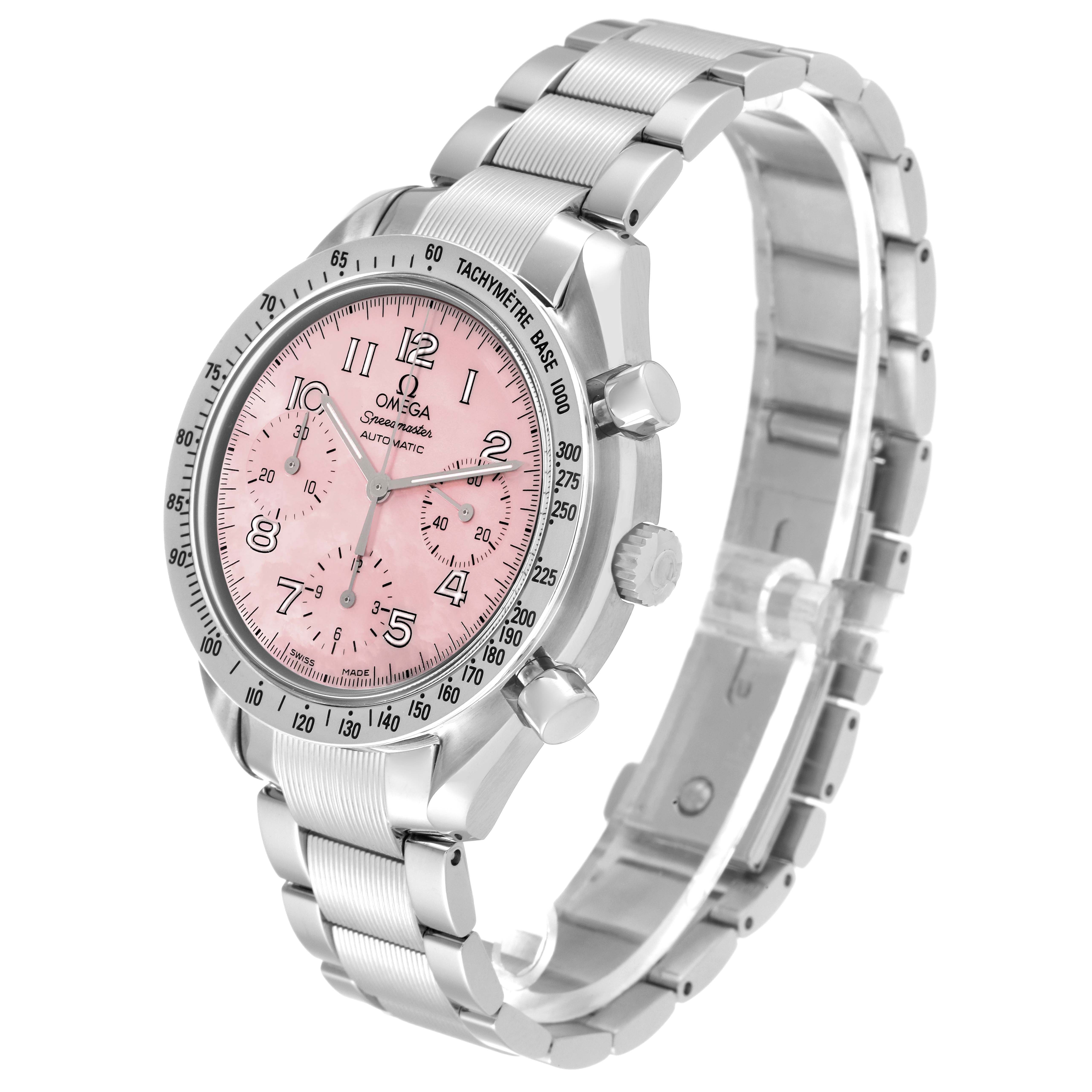 The Omega Speedmaster 3502.78.00 Men's Stainless Steel Mother of Pearl Dial 3502.78.00 Men's Stainless Steel Mother of Pearl Dial watch is shown at a slight angle, displaying its pink dial, bezel, crown, chronograph pushers, and metal bracelet.