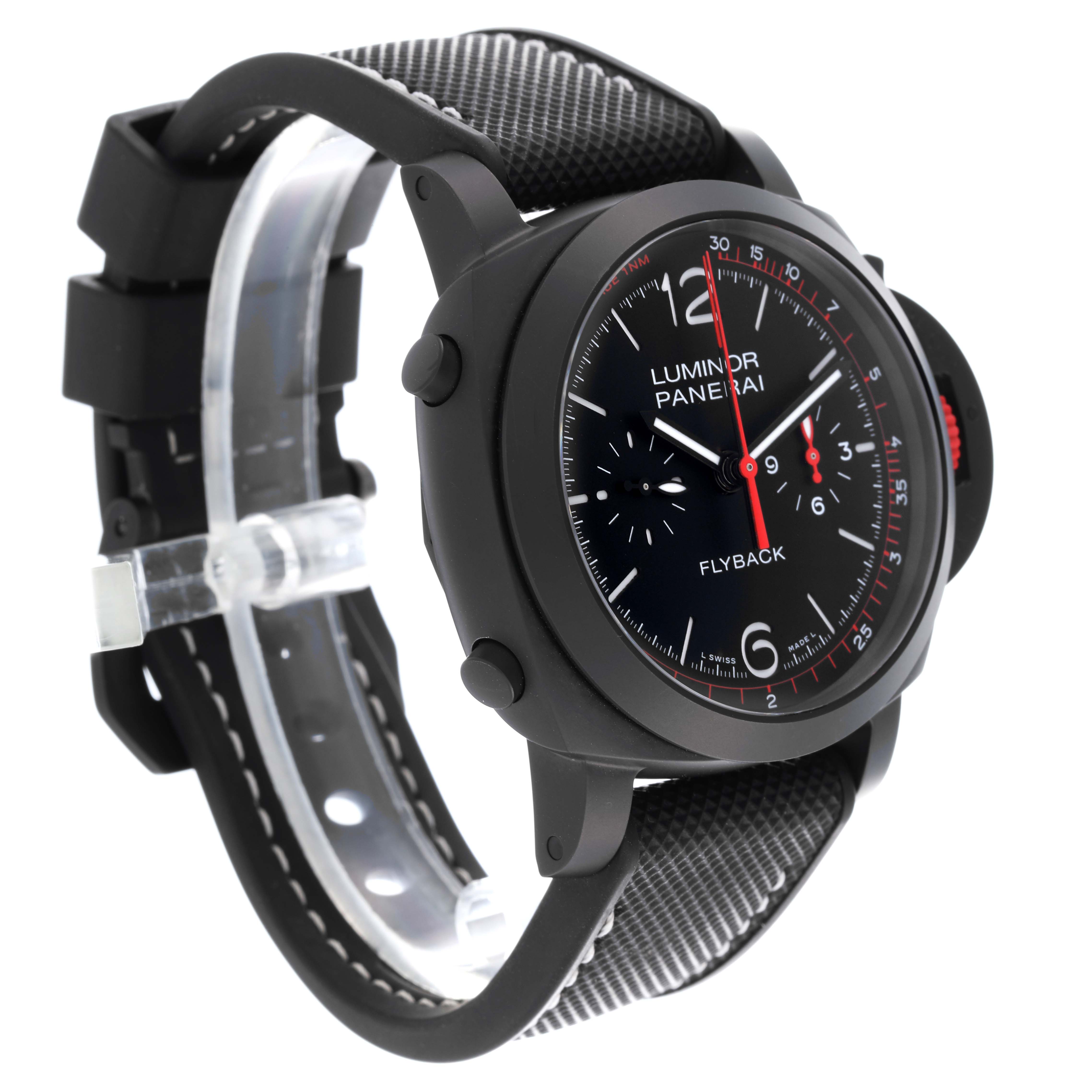 The image shows a Panerai Luminor PAM01275 Men's Ceramic Black Dial PAM01275 Men's Ceramic Black Dial watch at a three-quarter angle, highlighting the dial, case, and strap.