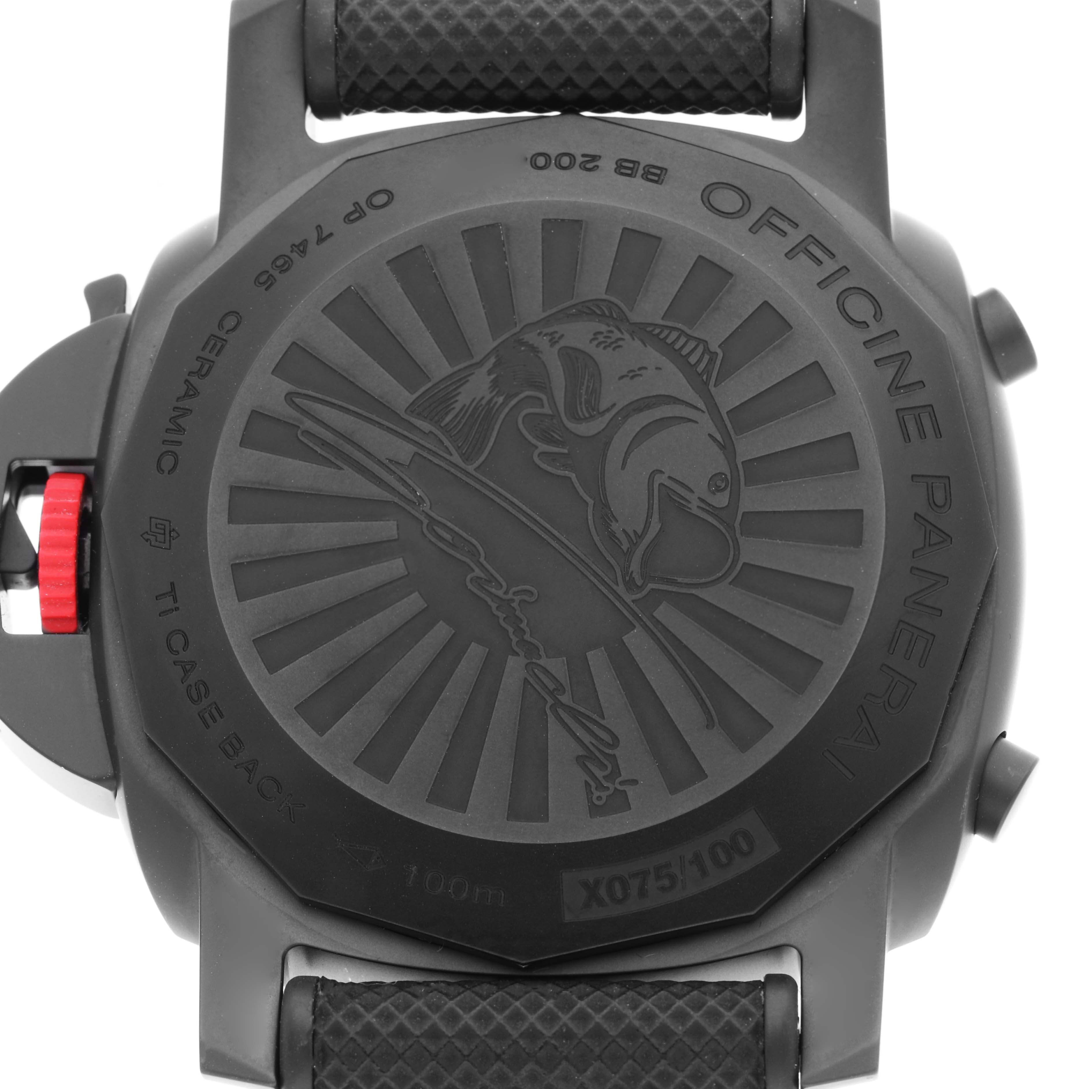 The image shows the back case of the Luminor model by Panerai, featuring engraved details and a strap attachment.