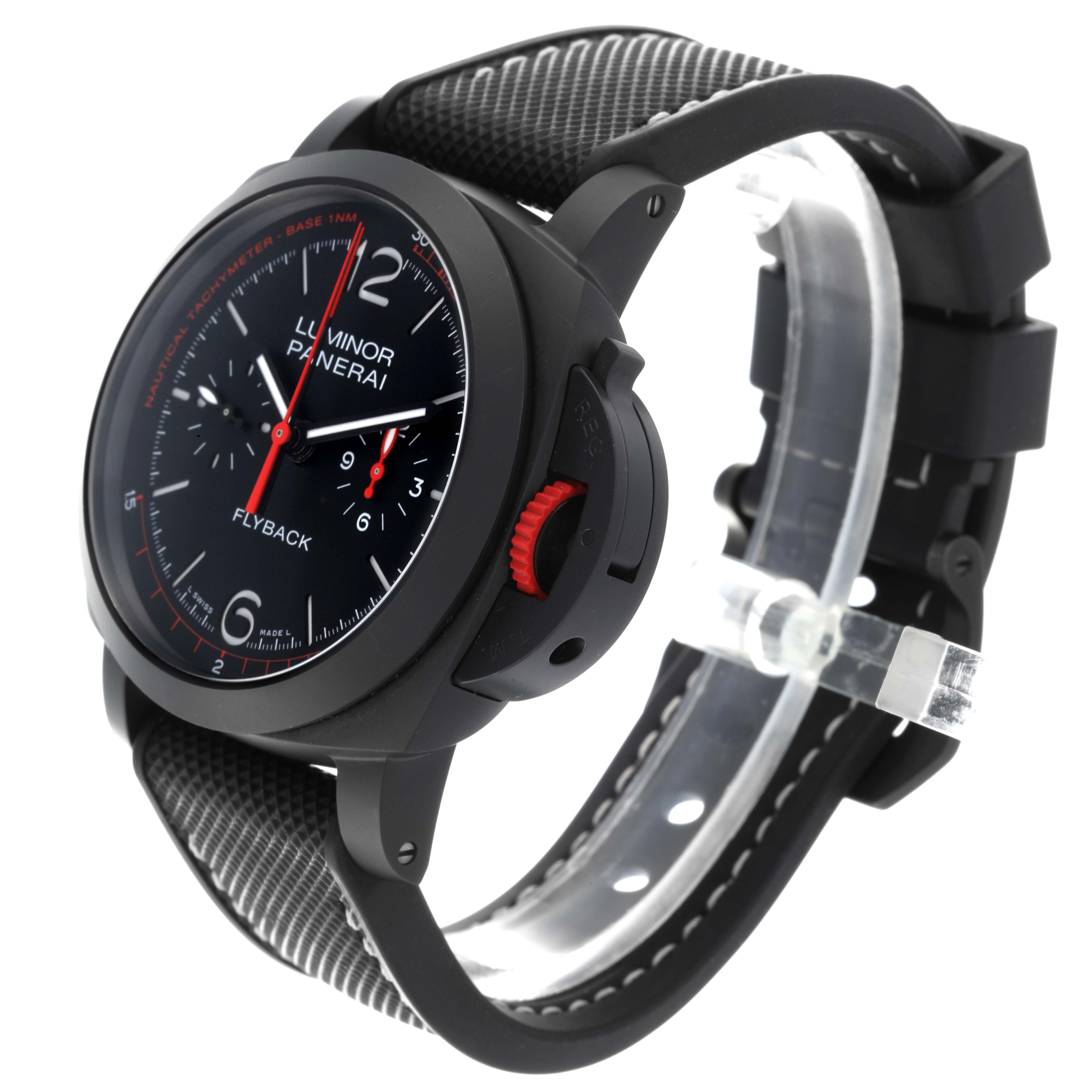 The image shows a side view of the Luminor Panerai watch, highlighting its black case, dial, and strap.