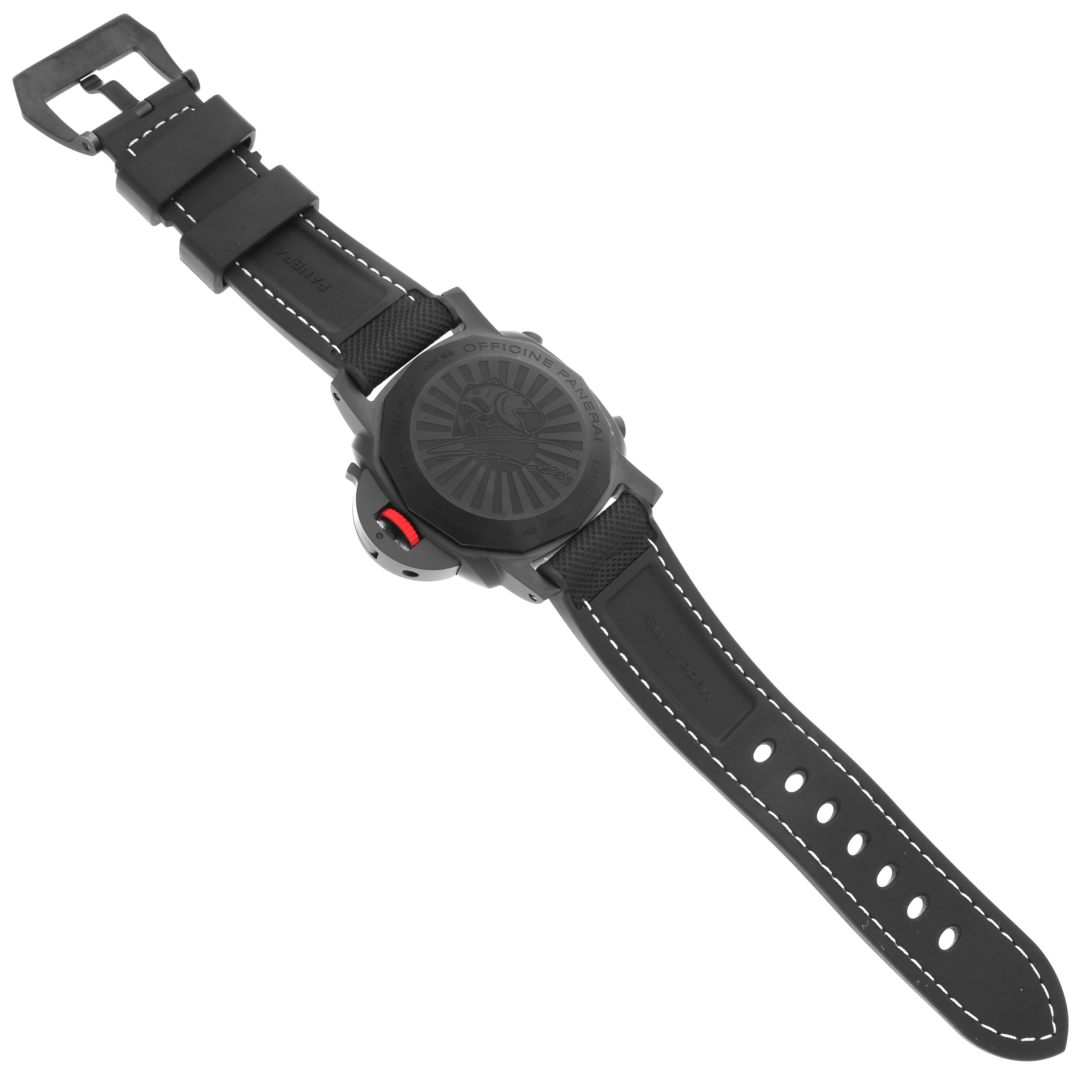 The image shows a Panerai Luminor PAM01275 Men's Ceramic Black Dial PAM01275 Men's Ceramic Black Dial watch from the back, highlighting the strap and case back.