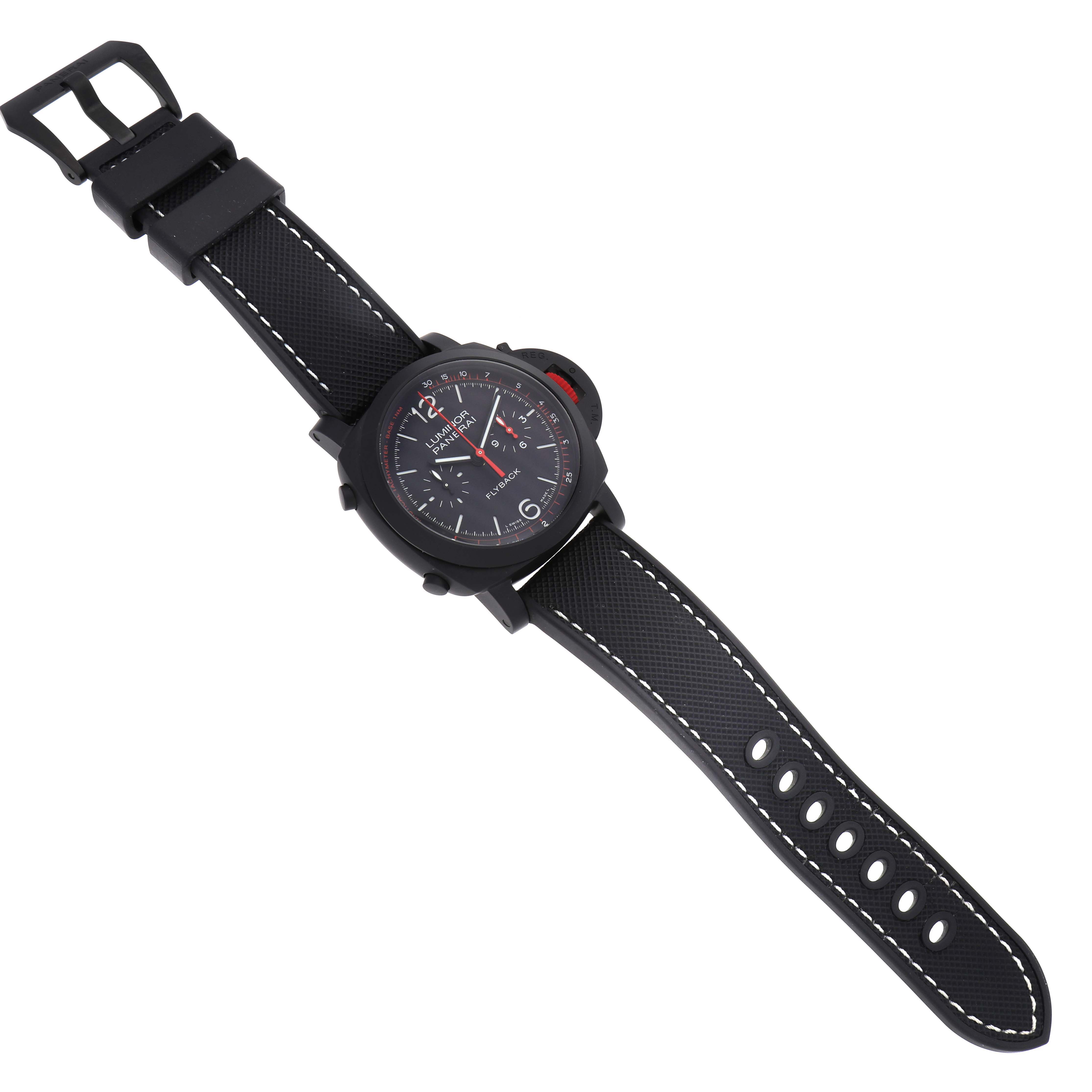 The image shows a Panerai Luminor PAM01275 Men's Ceramic Black Dial PAM01275 Men's Ceramic Black Dial watch at a slight angle, highlighting the face, strap, and buckle.