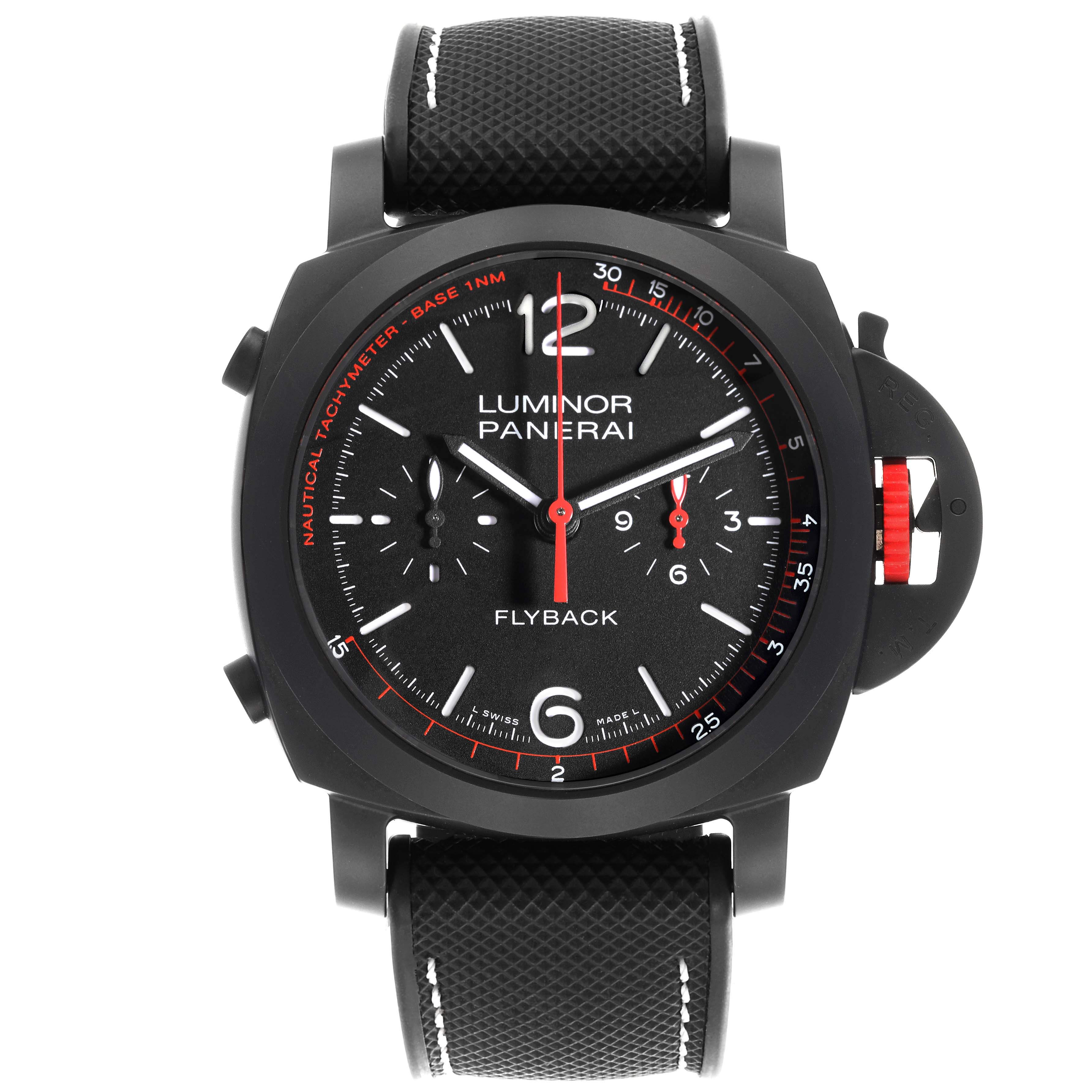 The Panerai Luminor PAM01275 Men's Ceramic Black Dial PAM01275 Men's Ceramic Black Dial watch is shown from the front, displaying the dial, hands, case, and strap prominently.