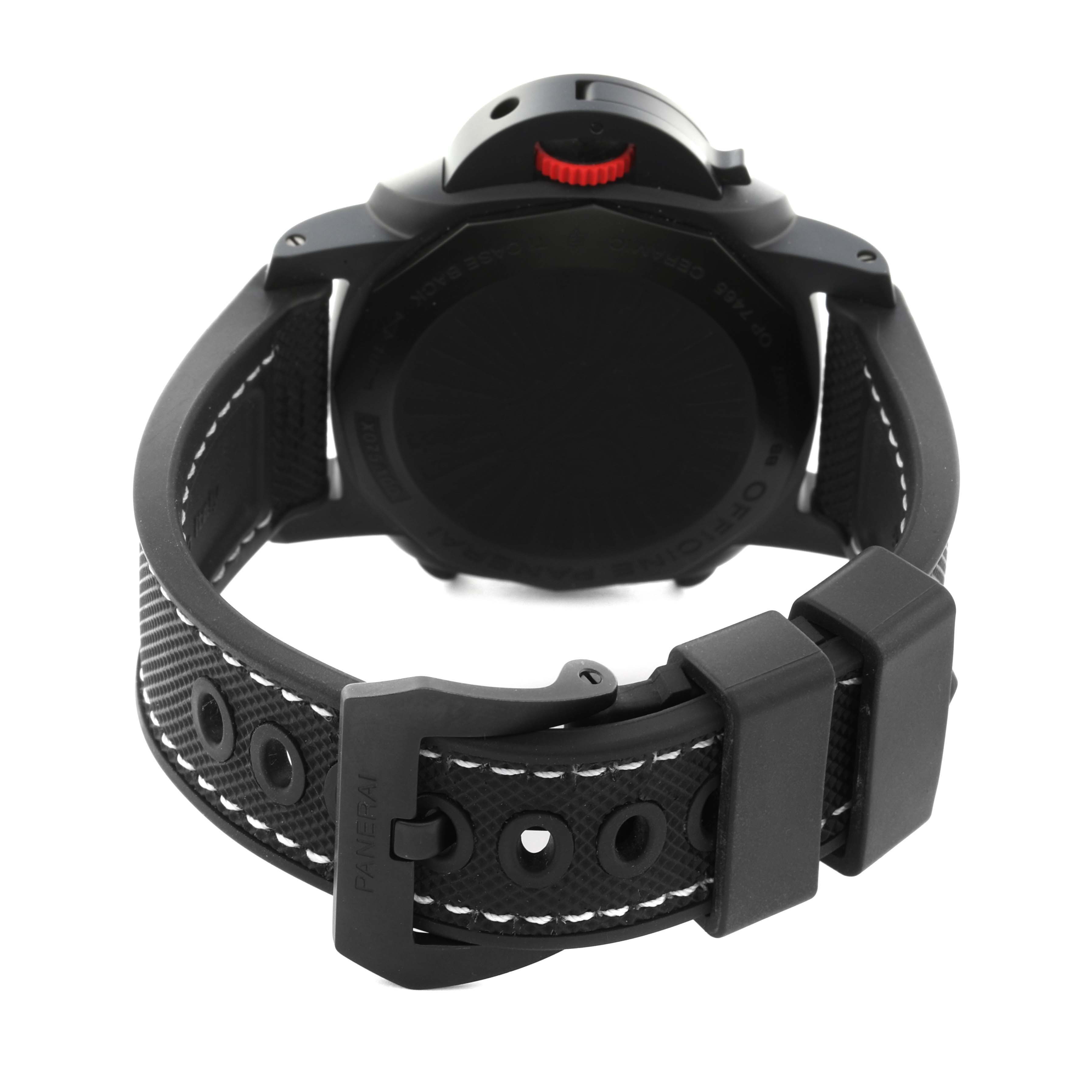 The image shows the back view of a Panerai Luminor PAM01275 Men's Ceramic Black Dial PAM01275 Men's Ceramic Black Dial watch, highlighting the strap, buckle, and caseback.