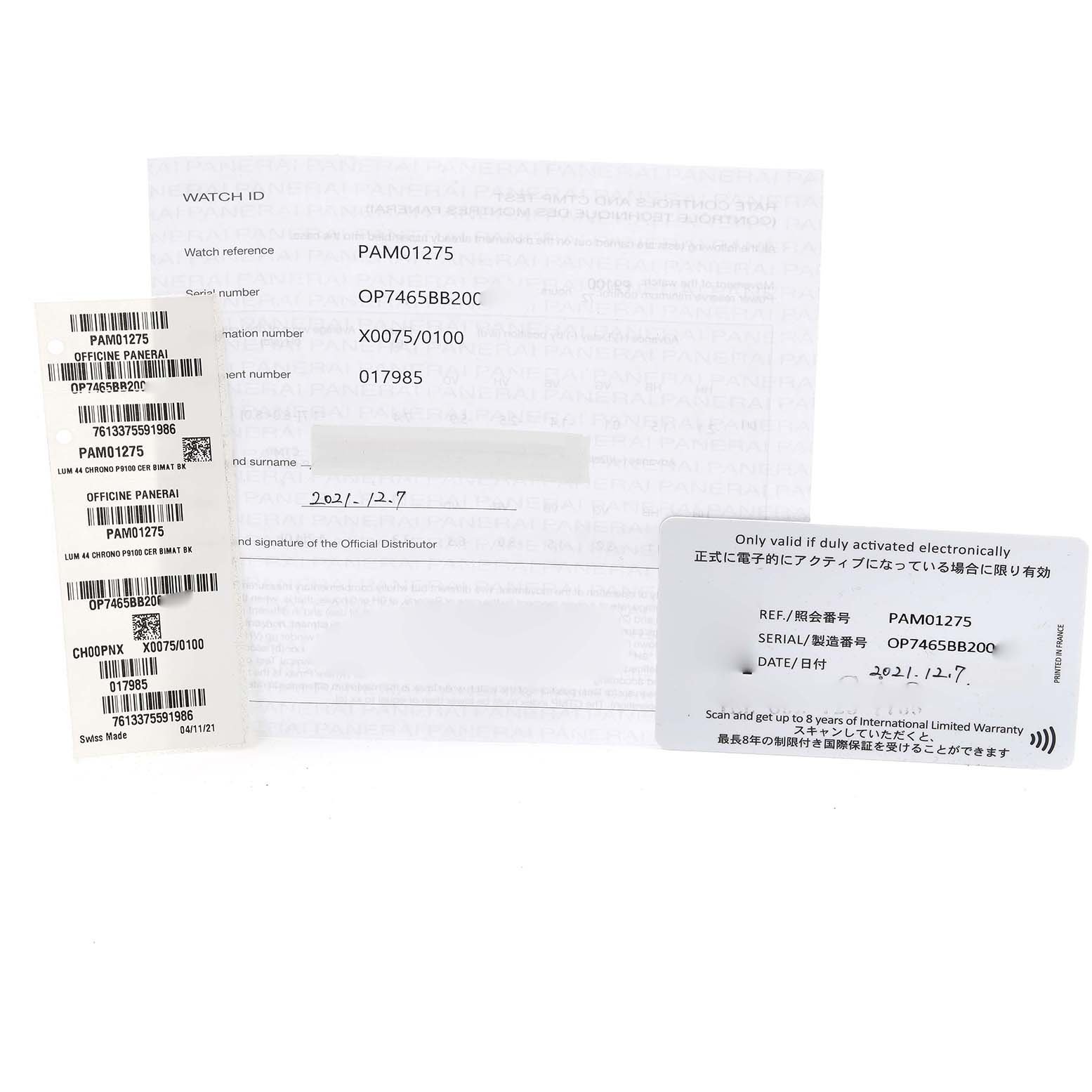 The image shows paperwork and warranty cards for the Panerai Luminor PAM01275 Men's Ceramic Black Dial PAM01275 Men's Ceramic Black Dial model PAM01275.