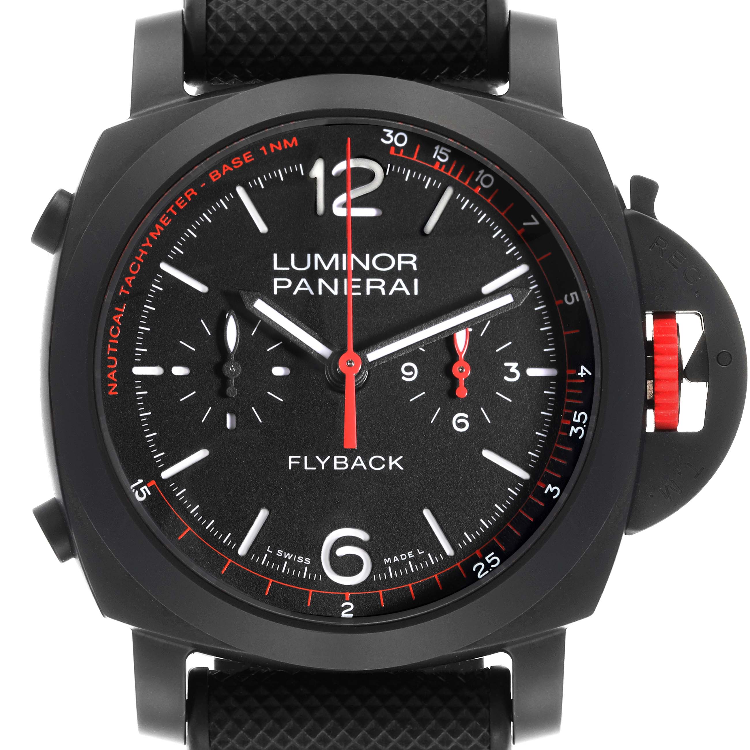 The Panerai Luminor PAM01275 Men's Ceramic Black Dial PAM01275 Men's Ceramic Black Dial watch is shown from the front, highlighting the black dial and red and white details.