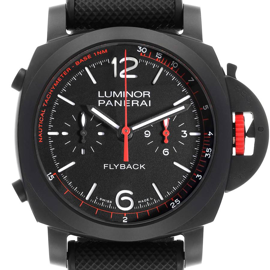 The Panerai Luminor watch is shown from the front, highlighting the black dial and red and white details.