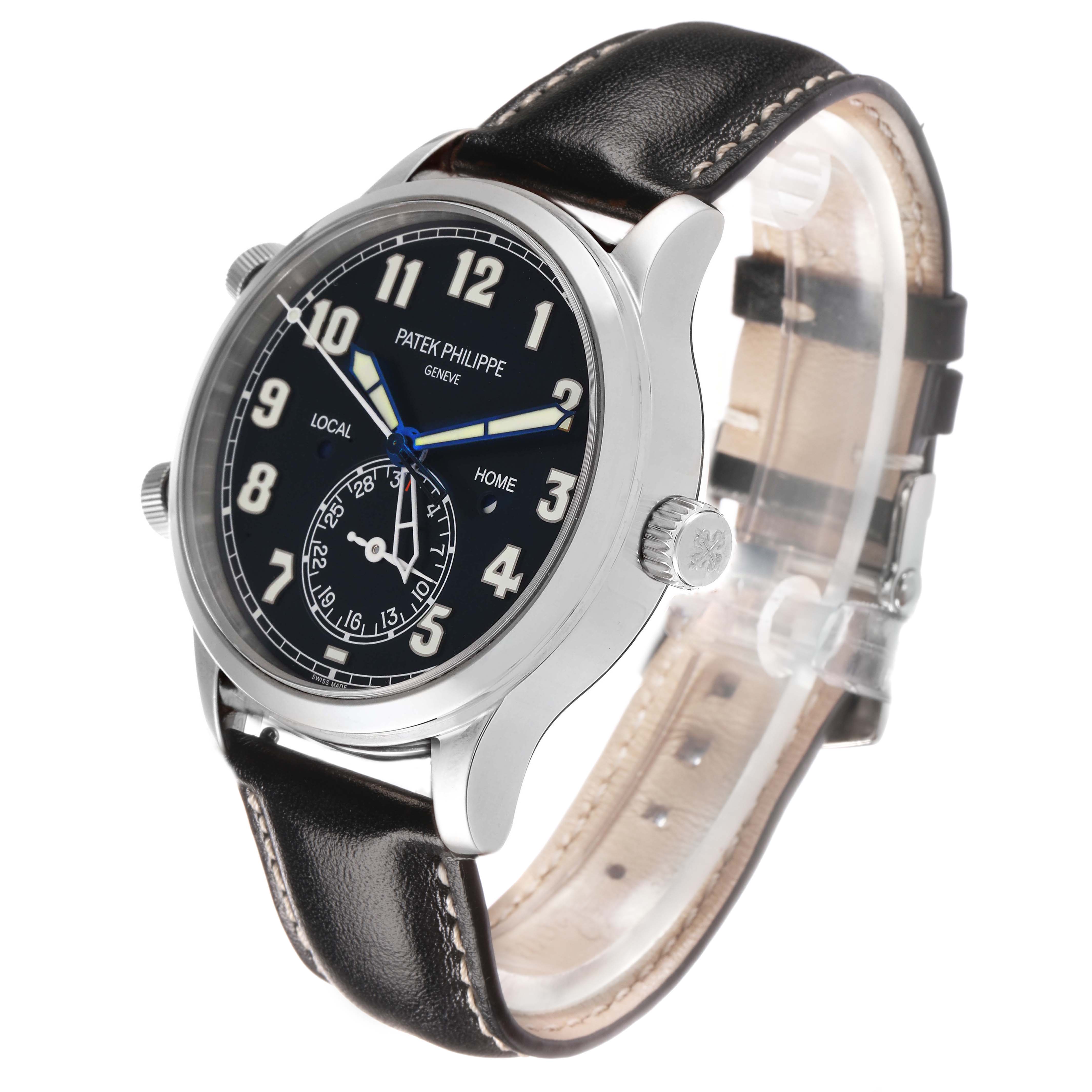 The Patek Philippe Calatrava 5524G Men's White Gold Blue Dial watch is shown from a three-quarter angle, highlighting the dial, case, crown, and leather strap.