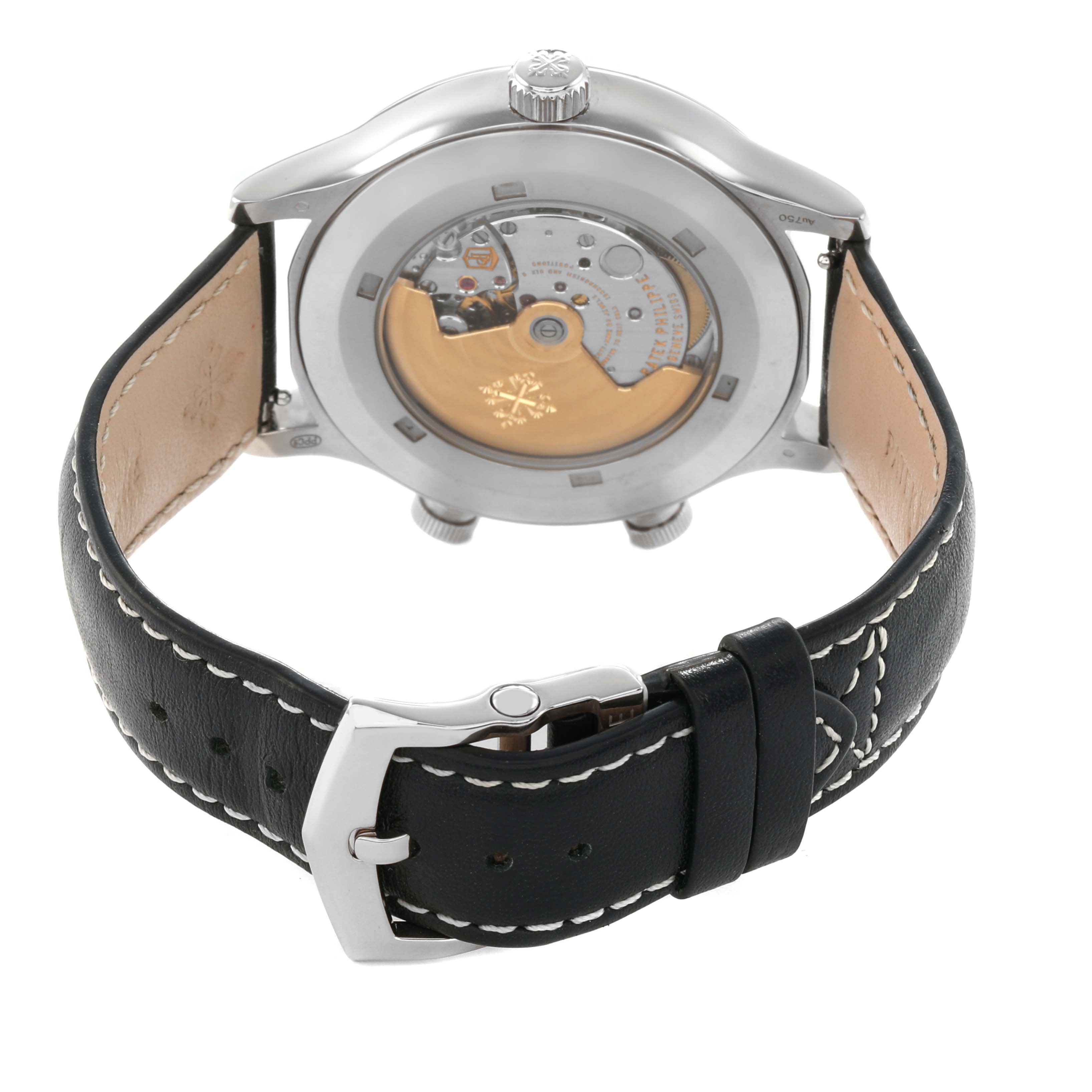 The image shows the back of a Patek Philippe Calatrava 5524G Men's White Gold Blue Dial, featuring the exhibition case back and black leather strap with buckle.