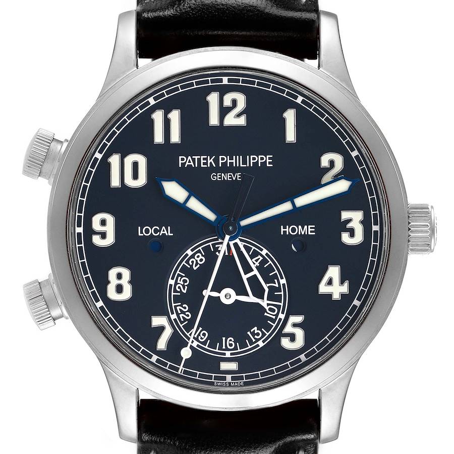 The Patek Philippe Calatrava 5524G Men's White Gold Blue Dial watch is shown from a front angle, displaying the dial, hands, and hour markers.