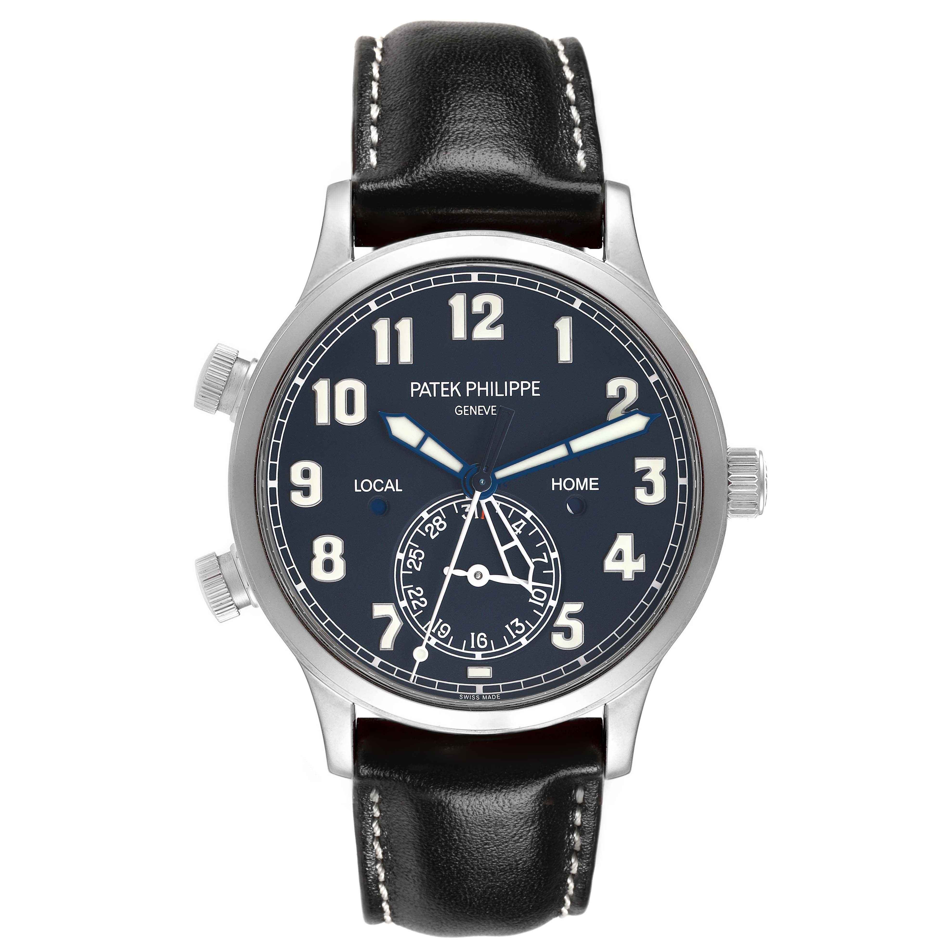 The Patek Philippe Calatrava 5524G Men's White Gold Blue Dial watch is shown from the front, displaying its dial, case, crown, and pushers.