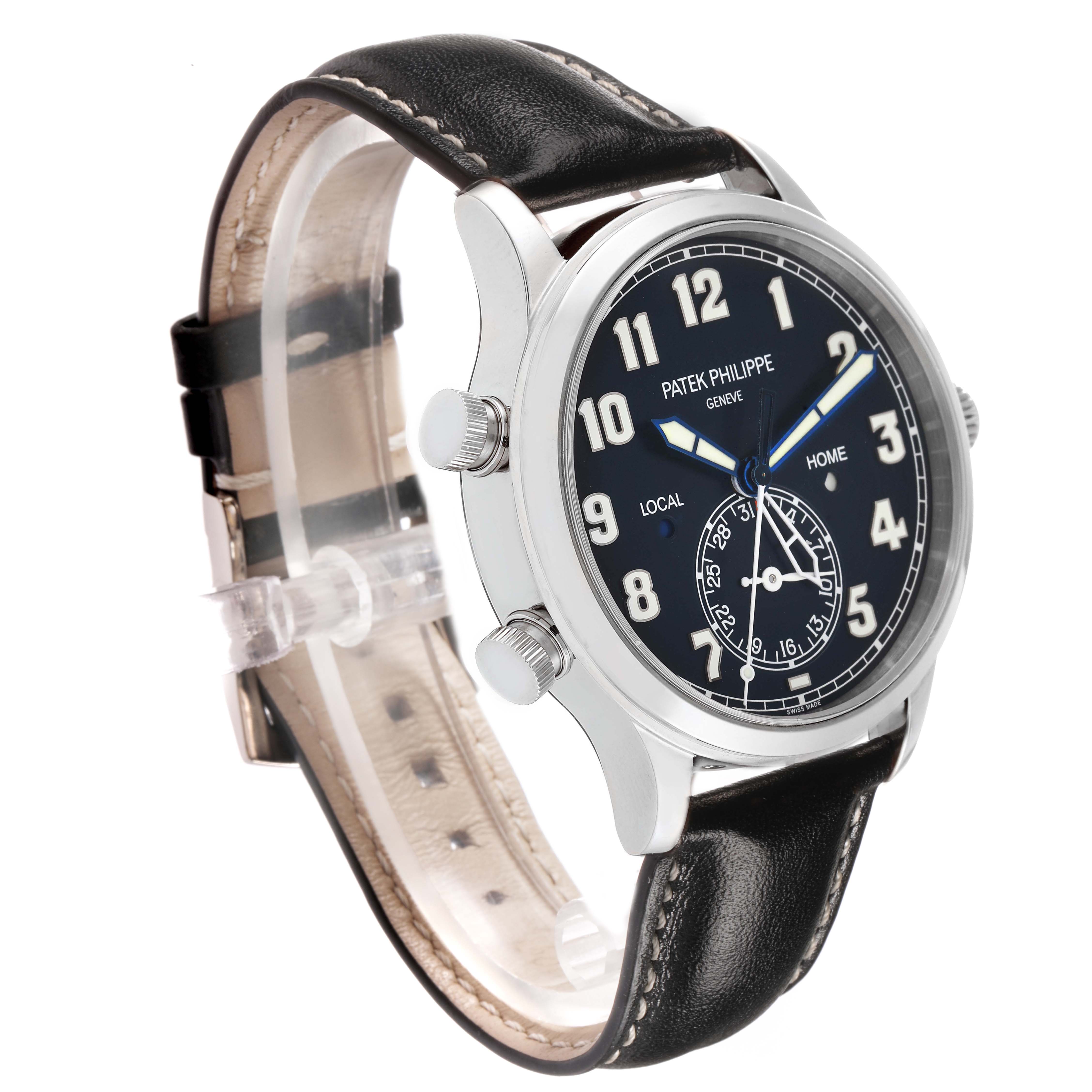 The Patek Philippe Calatrava 5524G Men's White Gold Blue Dial watch is shown at a three-quarter angle, displaying the face, crown, and leather strap.