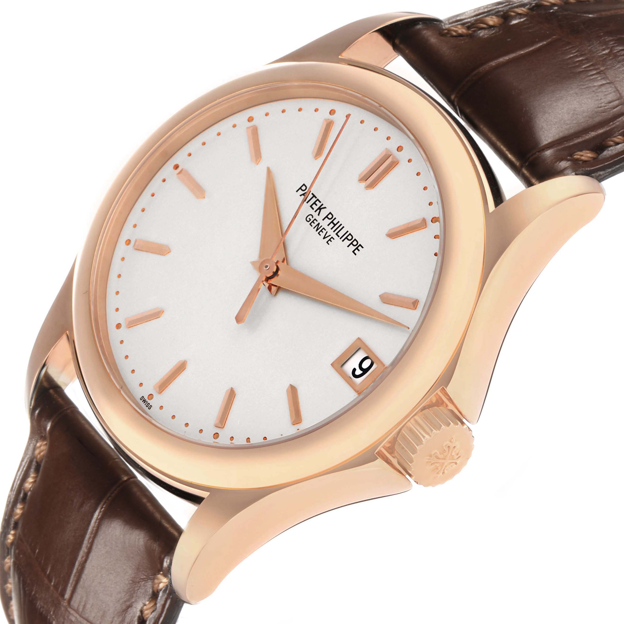 The Patek Philippe Calatrava 5127 Men's Rose Gold Silver Dial watch is shown at a slight angle, featuring the face, crown, case, and leather strap details.