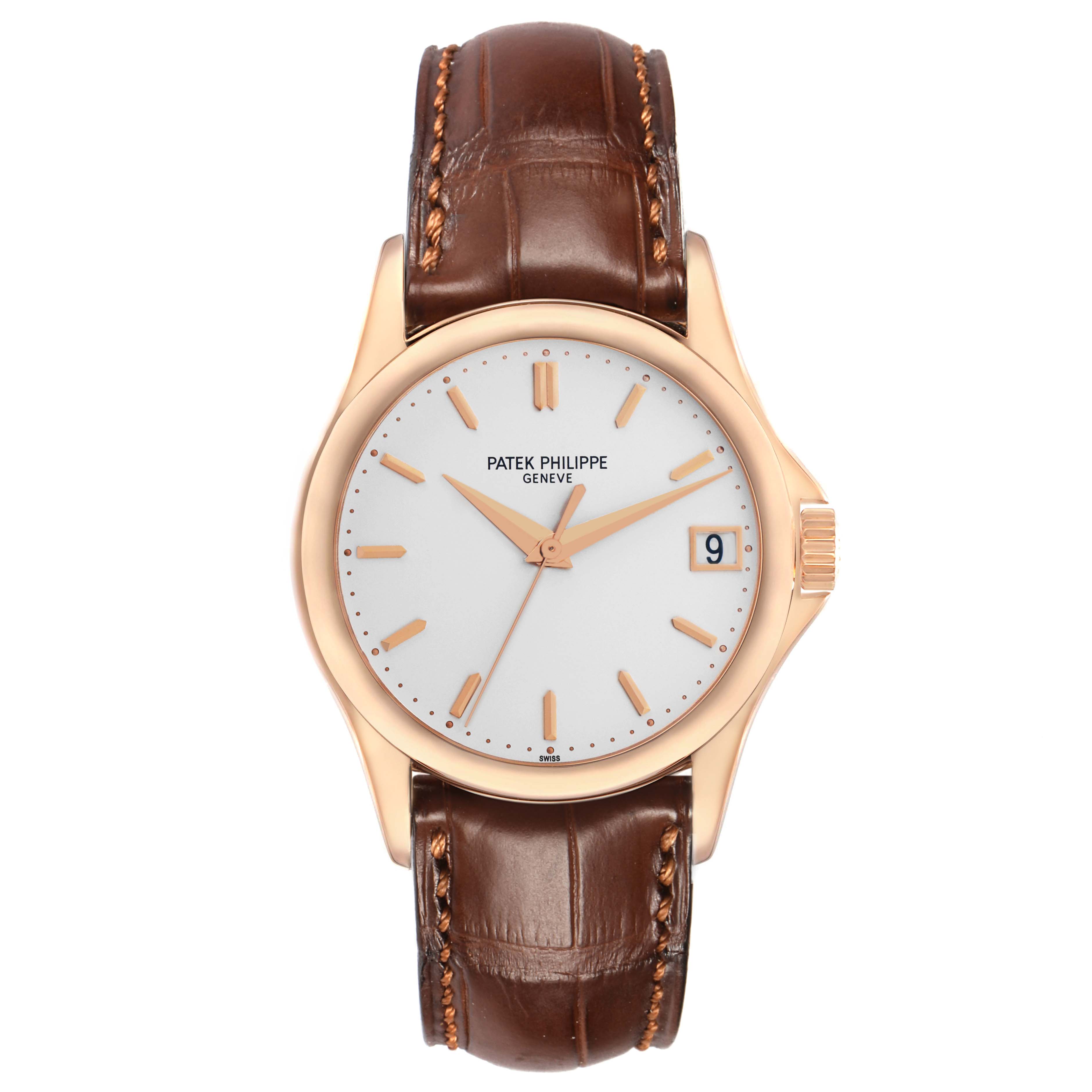 The image shows a Patek Philippe Calatrava 5127 Men's Rose Gold Silver Dial watch from a frontal angle, highlighting its dial, case, leather strap, and crown.