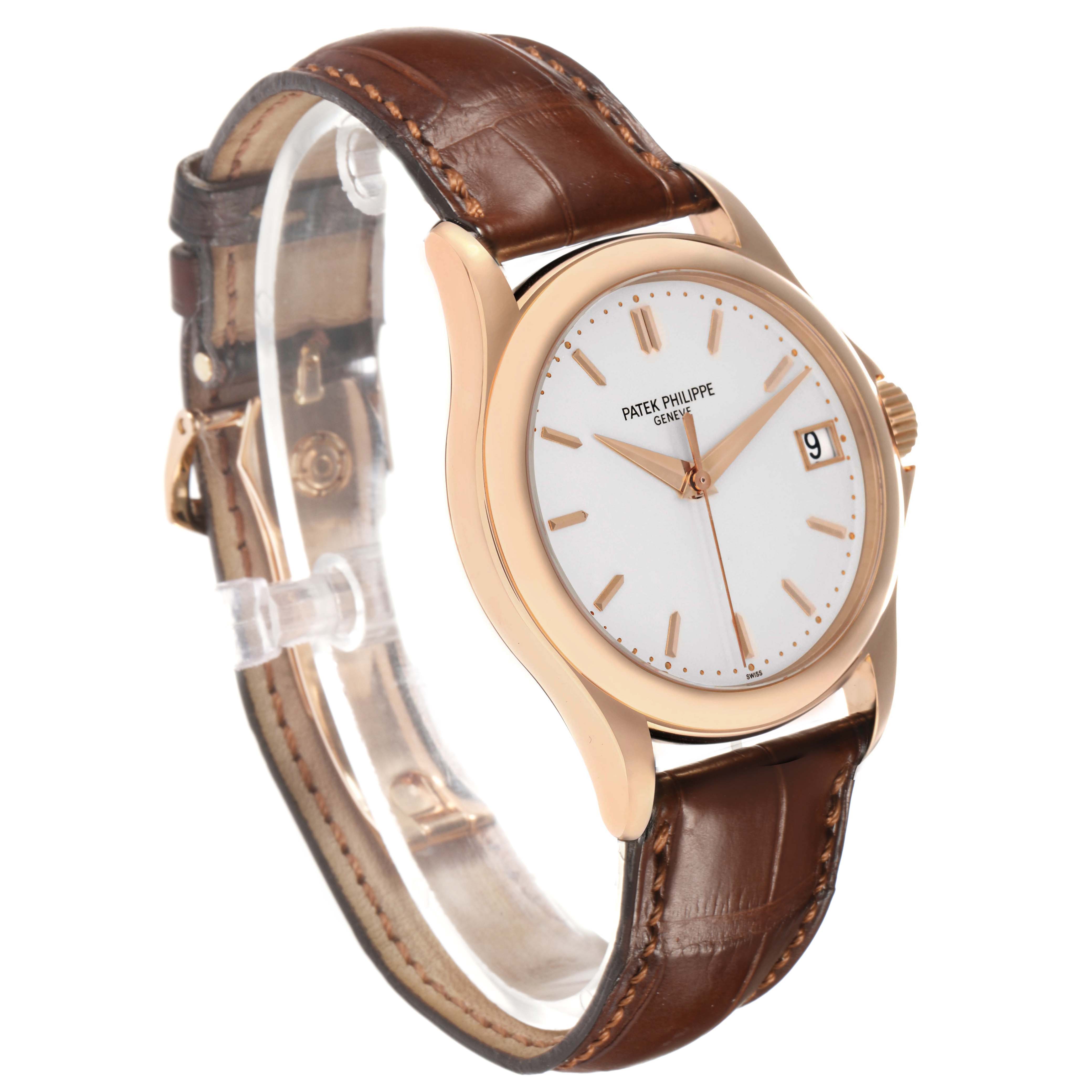 The image shows a Patek Philippe Calatrava 5127 Men's Rose Gold Silver Dial watch at a three-quarter angle displaying its face, crown, and brown leather strap.