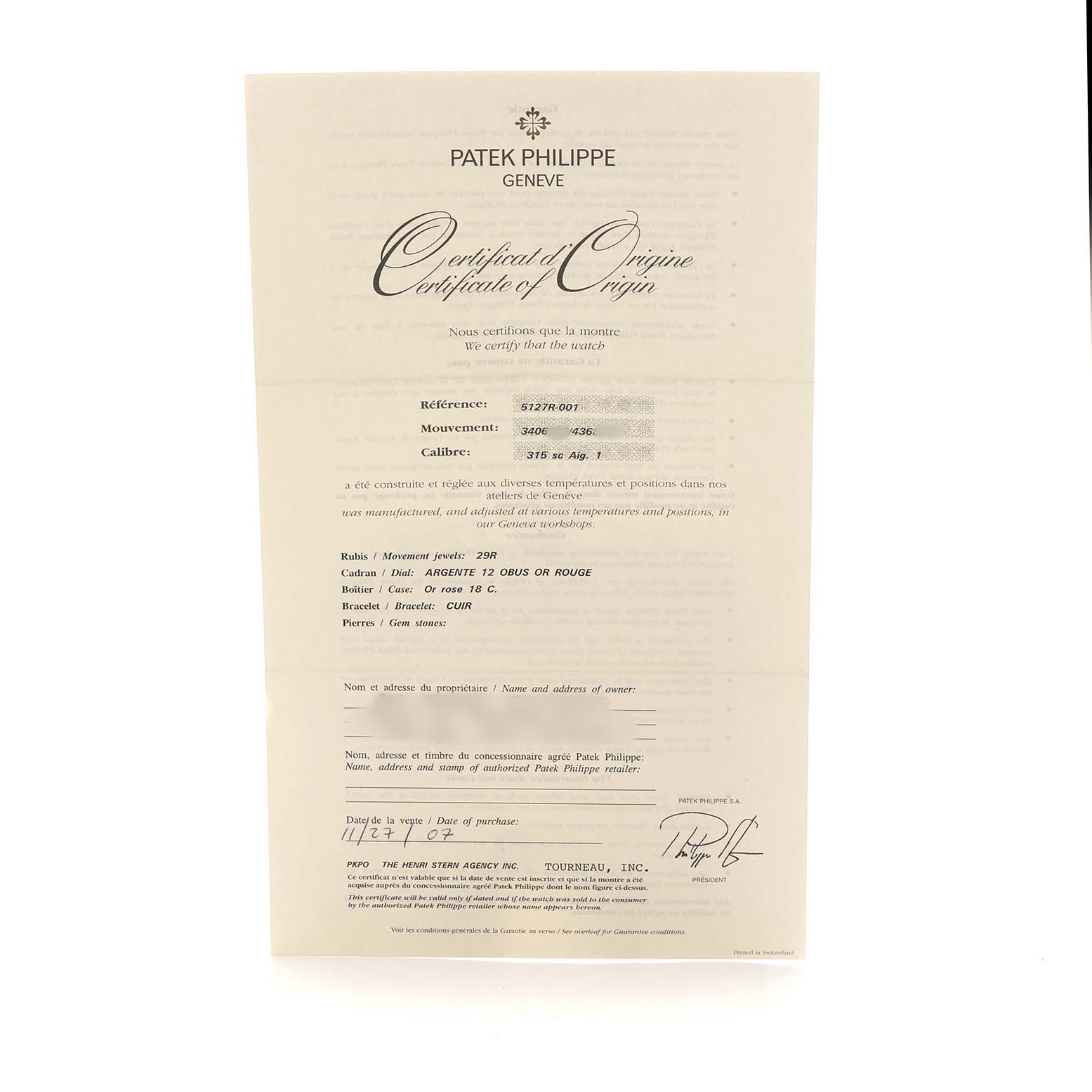 The image shows a Patek Philippe Calatrava 5127 Men's Rose Gold Silver Dial Certificate of Origin, not the watch itself.