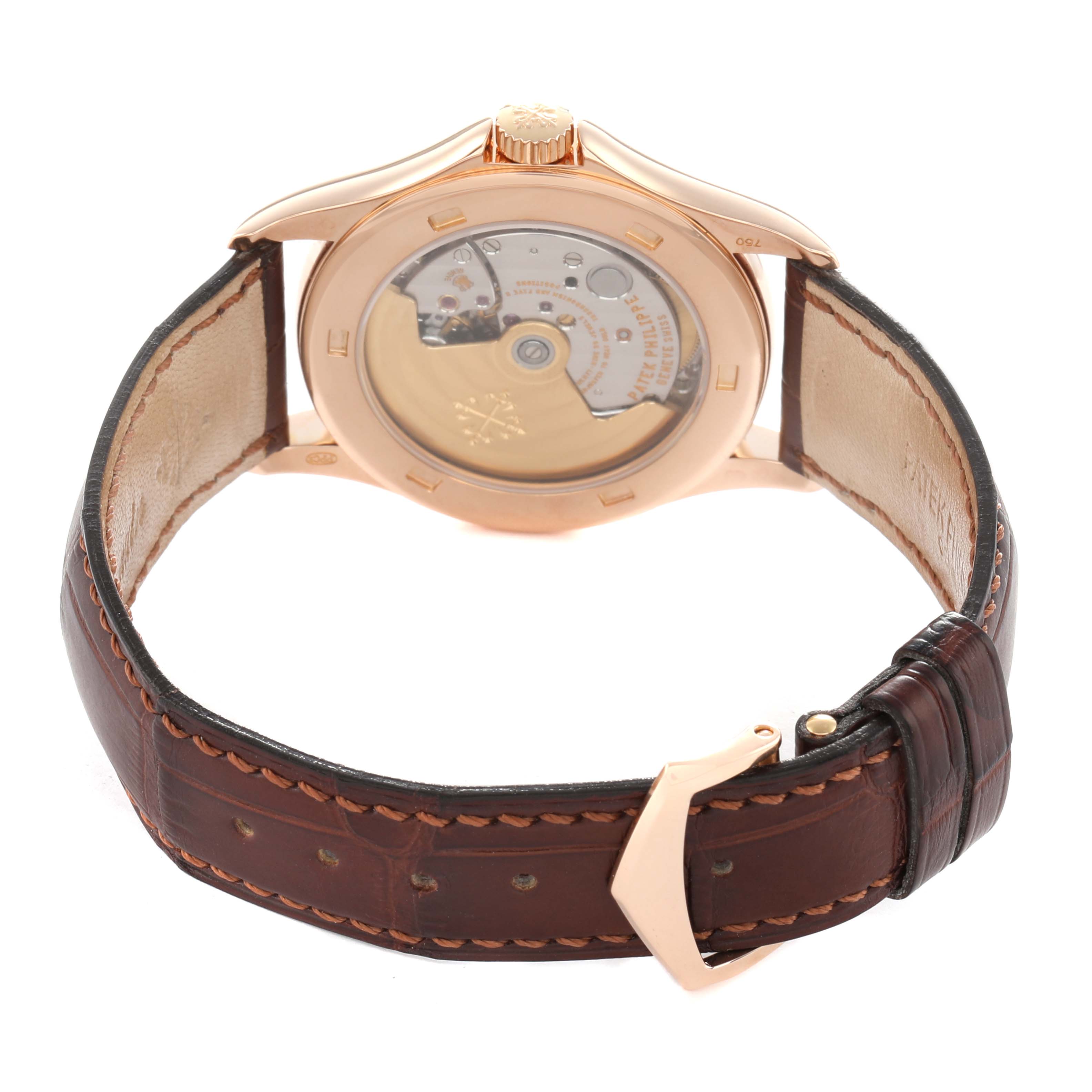 The image shows the back view of the Patek Philippe Calatrava 5127 Men's Rose Gold Silver Dial, highlighting its transparent case back and leather strap.