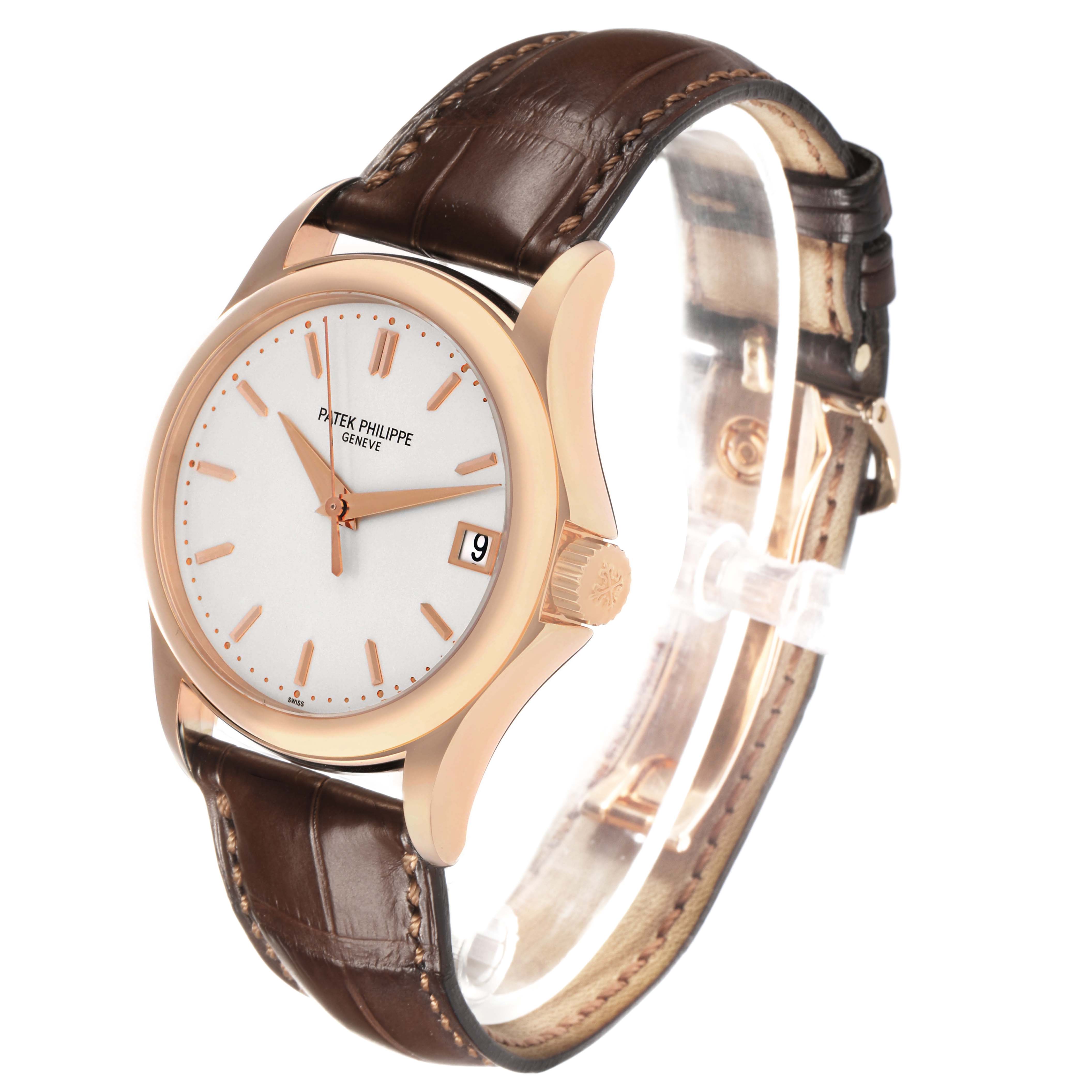 The Patek Philippe Calatrava 5127 Men's Rose Gold Silver Dial watch is shown at a three-quarter angle, revealing the face, case, crown, and leather strap.