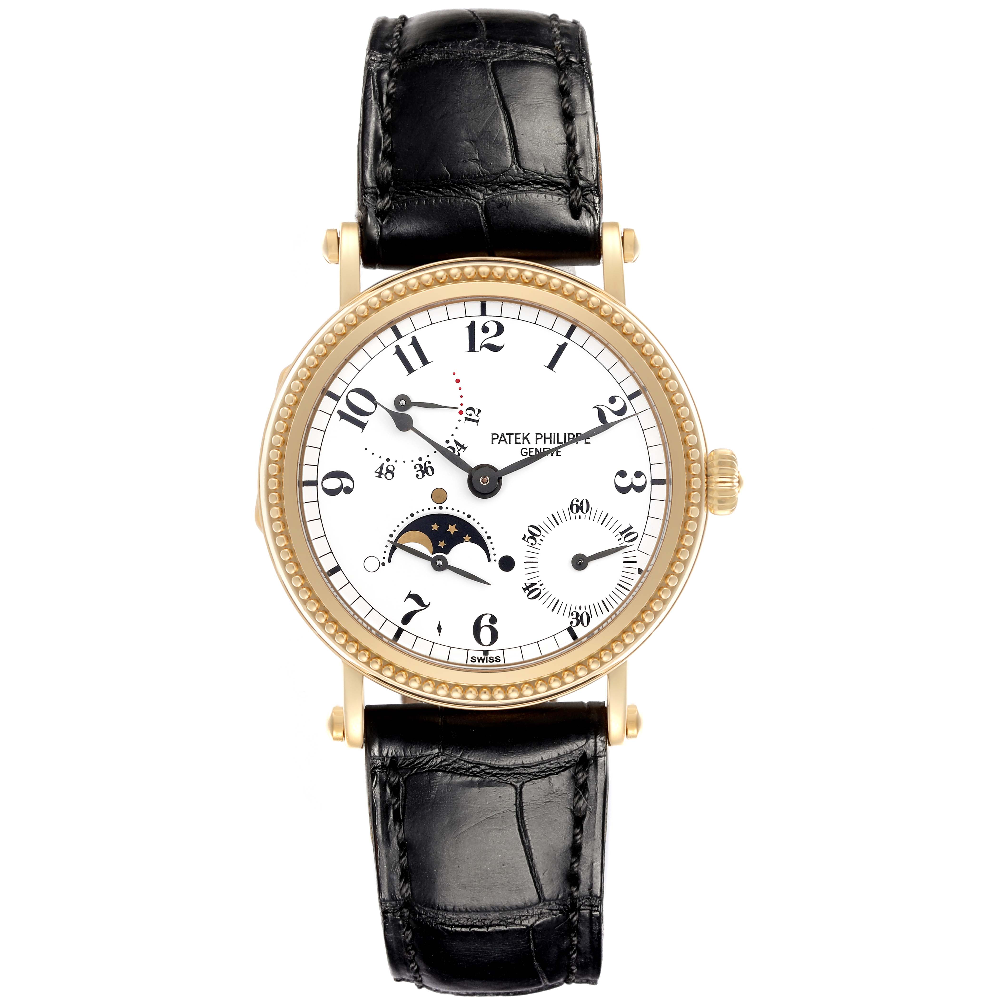 The Patek Philippe Calatrava 5015J-001 Men's Yellow Gold White Dial 5015J-001 Men's Yellow Gold White Dial watch is shown from a top-down angle, highlighting the face, bezel, and leather strap.
