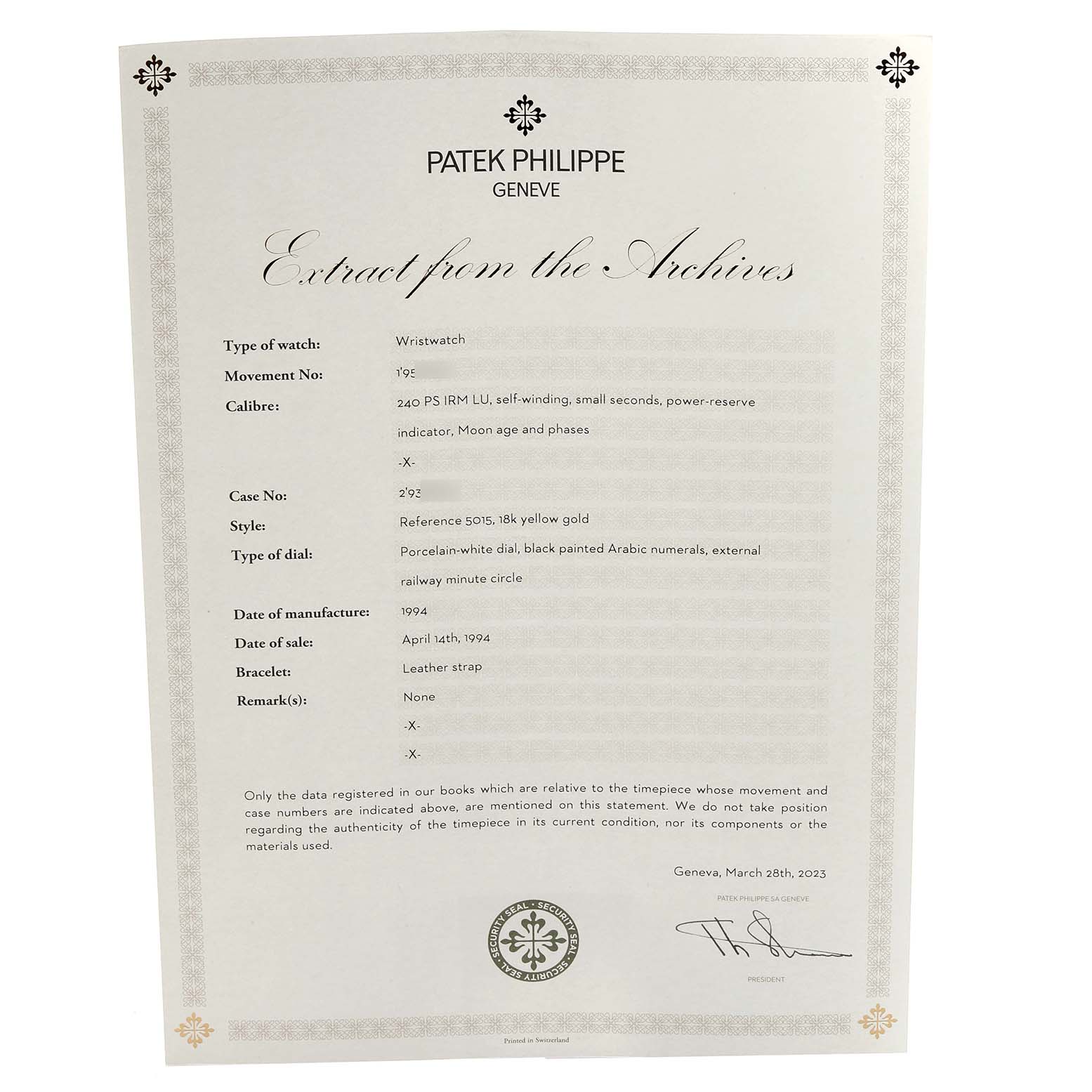 The image shows a document for the Patek Philippe Calatrava 5015J-001 Men's Yellow Gold White Dial 5015J-001 Men's Yellow Gold White Dial watch, detailing its specifications and history.