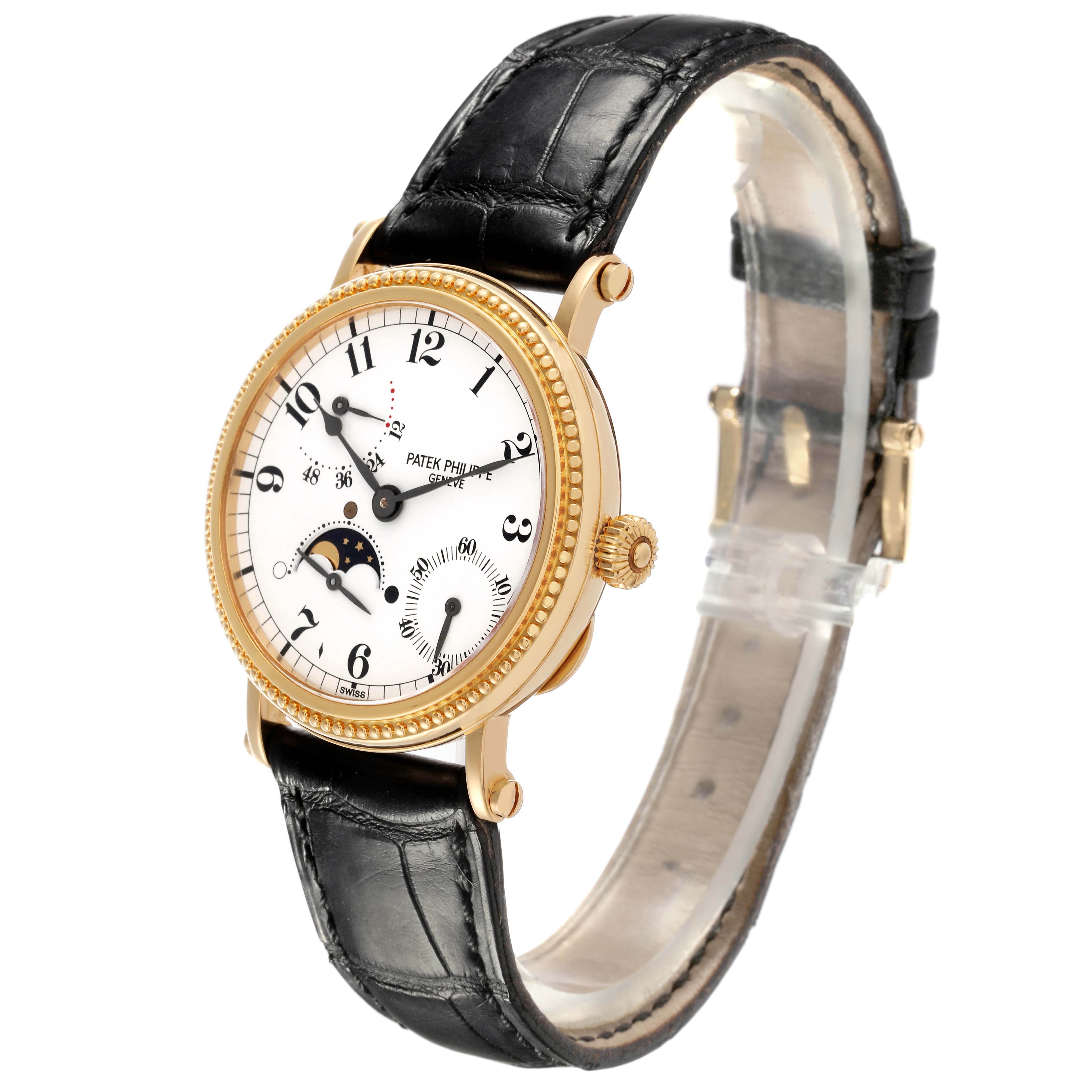 The Patek Philippe Calatrava 5015J-001 Men's Yellow Gold White Dial 5015J-001 Men's Yellow Gold White Dial watch is shown at a three-quarter angle, displaying the face, crown, bezel, and strap.