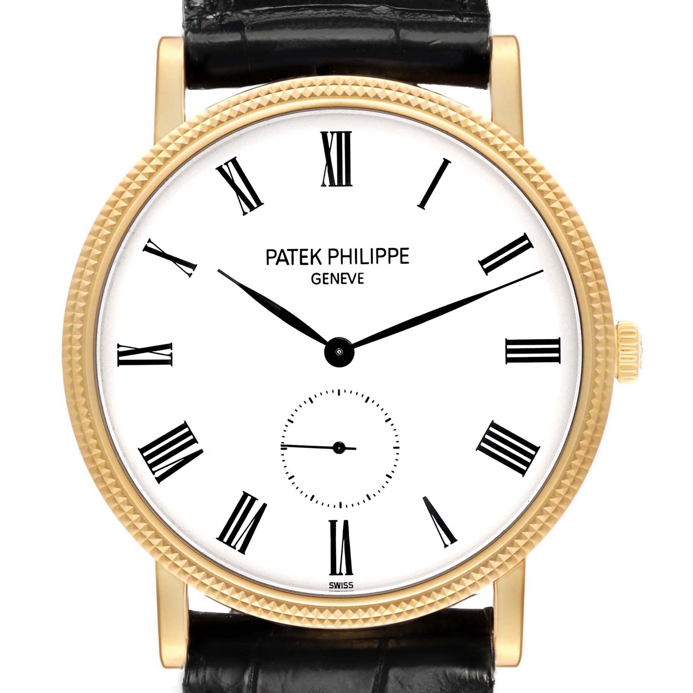 The image shows a frontal view of the Patek Philippe Calatrava 5119J-001 Men's Yellow Gold White Dial watch, displaying the dial, Roman numerals, and crown.