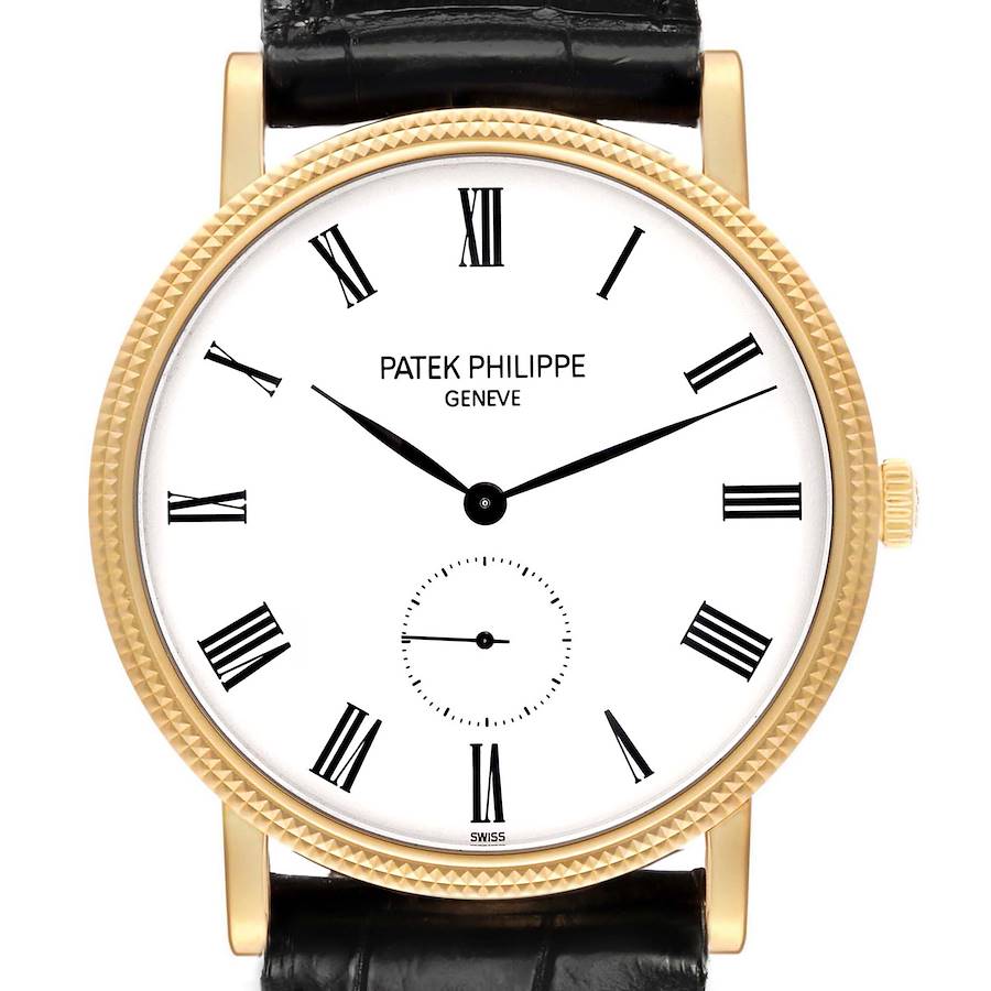 The image shows a frontal view of the Patek Philippe Calatrava 5119J-001 Men's Yellow Gold White Dial watch, displaying the dial, Roman numerals, and crown.