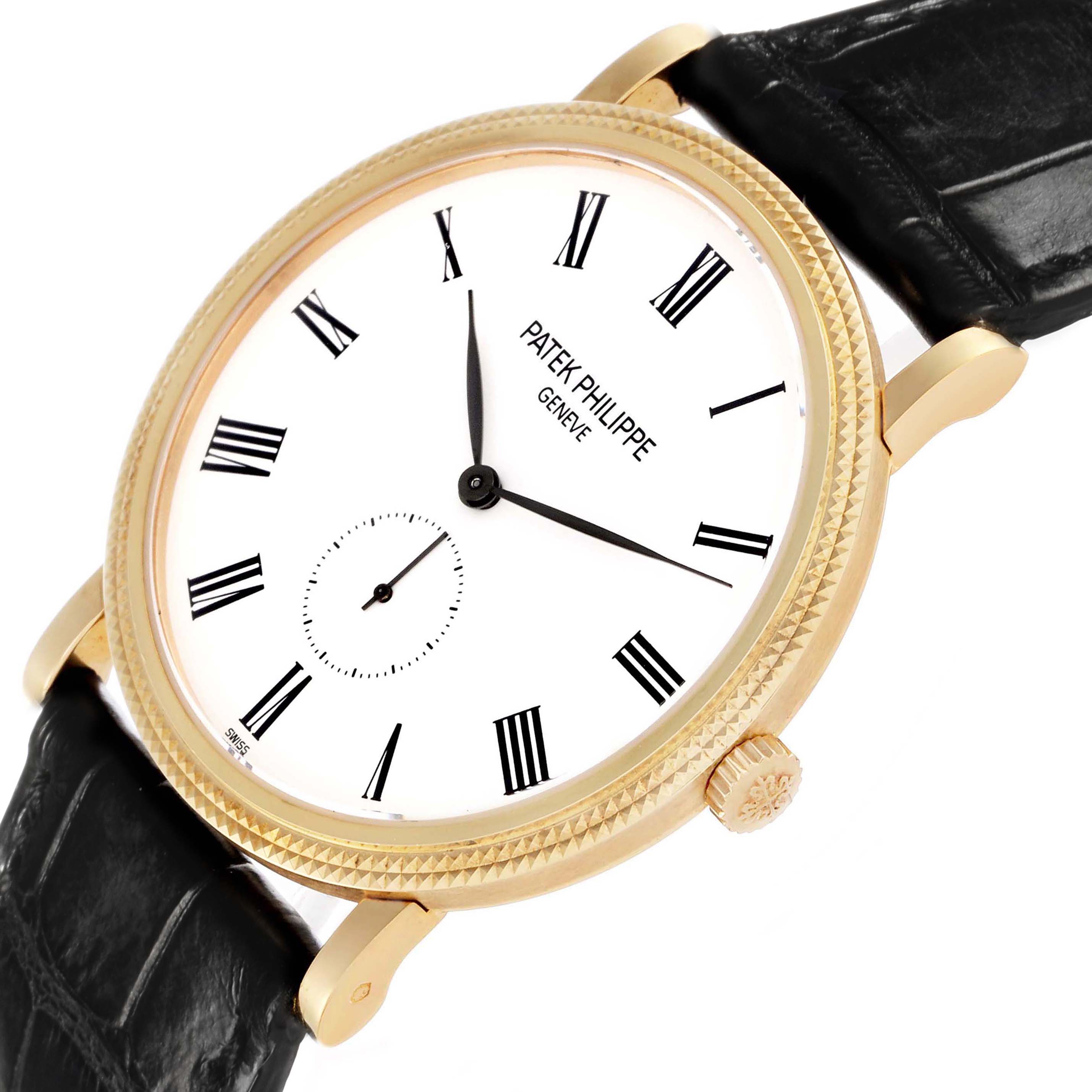 The Patek Philippe Calatrava 5119J-001 Men's Yellow Gold White Dial watch is shown at an angled close-up, highlighting the face, gold bezel, crown, and leather strap.
