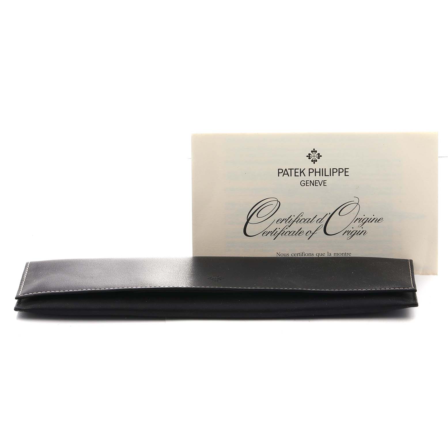 The image shows a Patek Philippe Calatrava 5119J-001 Men's Yellow Gold White Dial leather pouch and Certificate of Origin at a frontal angle.