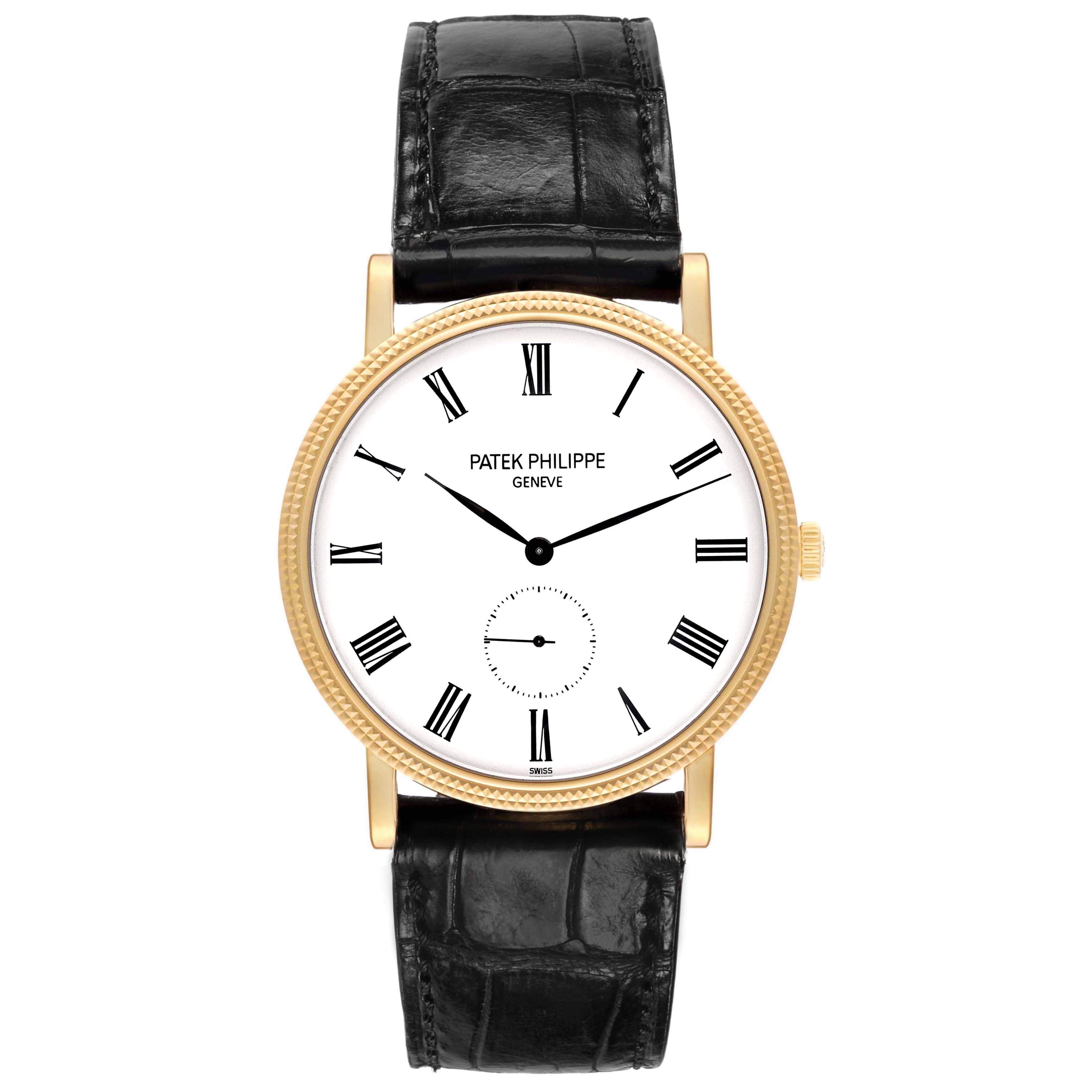 The Patek Philippe Calatrava 5119J-001 Men's Yellow Gold White Dial watch is shown from a front angle, highlighting the dial, bezel, and leather strap.