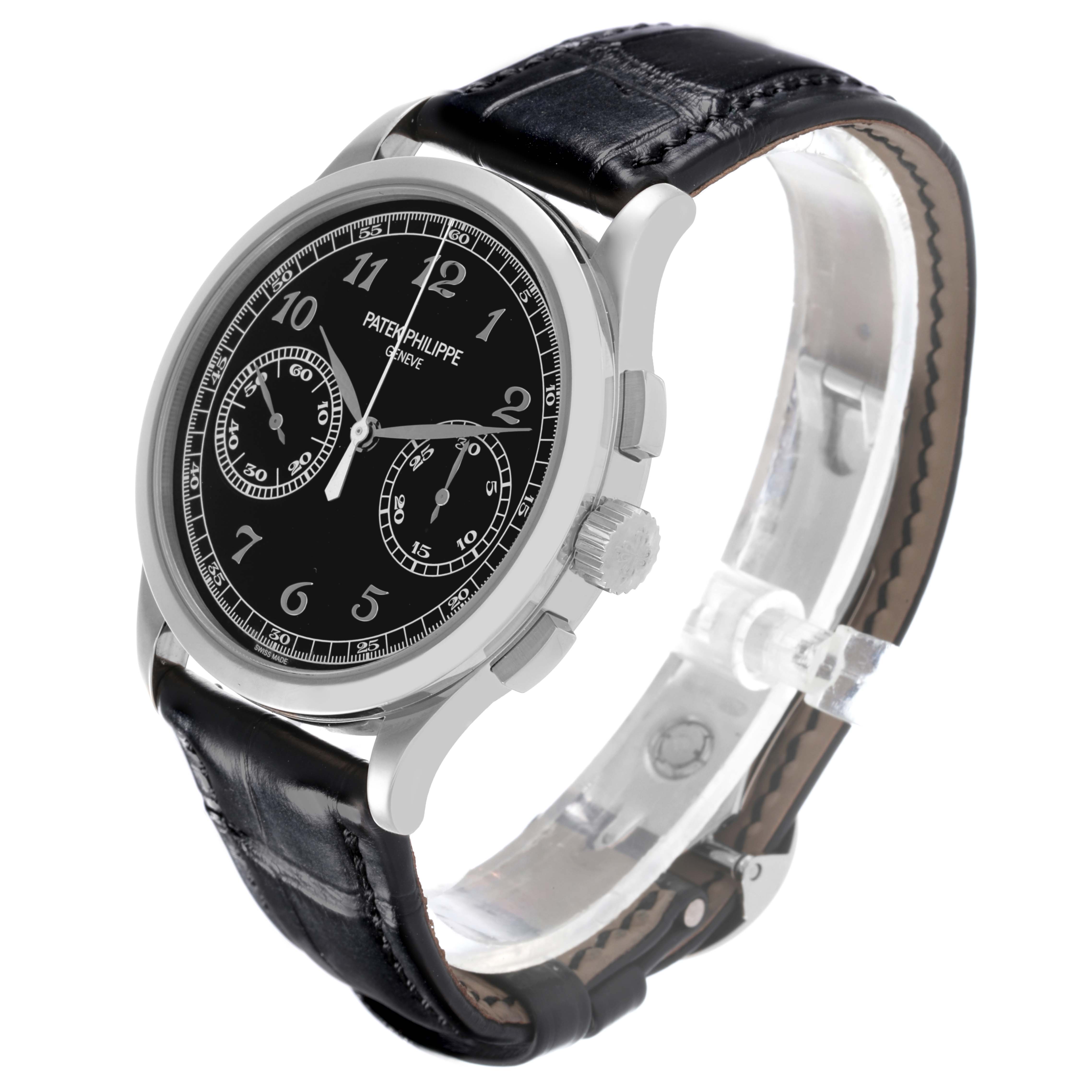 The Patek Philippe Complications 5170G-010 Men's White Gold Black Dial 5170G-010 Men's White Gold Black Dial watch is shown at an angle highlighting the face, crown, pushers, and leather strap.