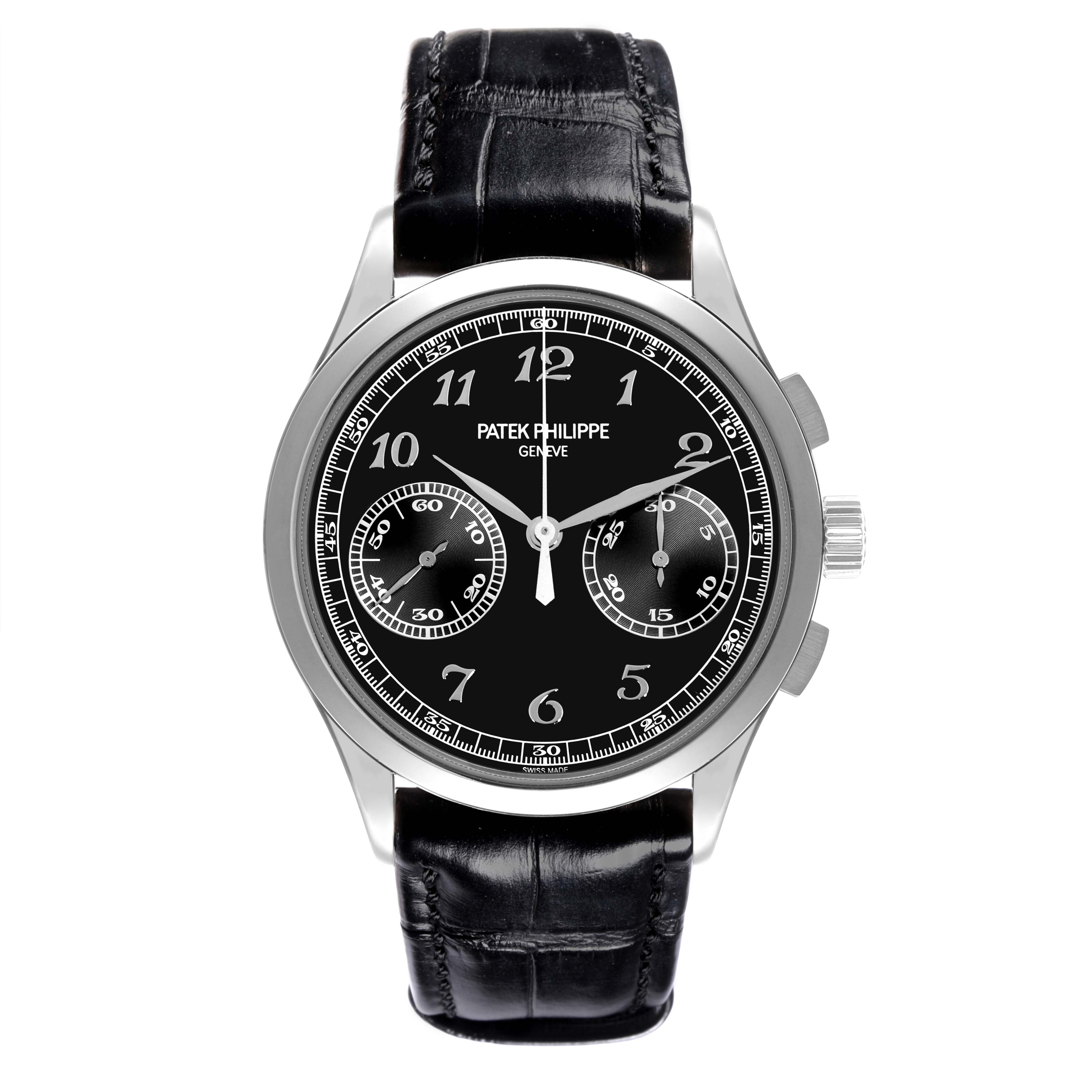 The Patek Philippe Complications 5170G-010 Men's White Gold Black Dial 5170G-010 Men's White Gold Black Dial watch is shown from a front view, displaying its black dial, two sub-dials, and leather strap.