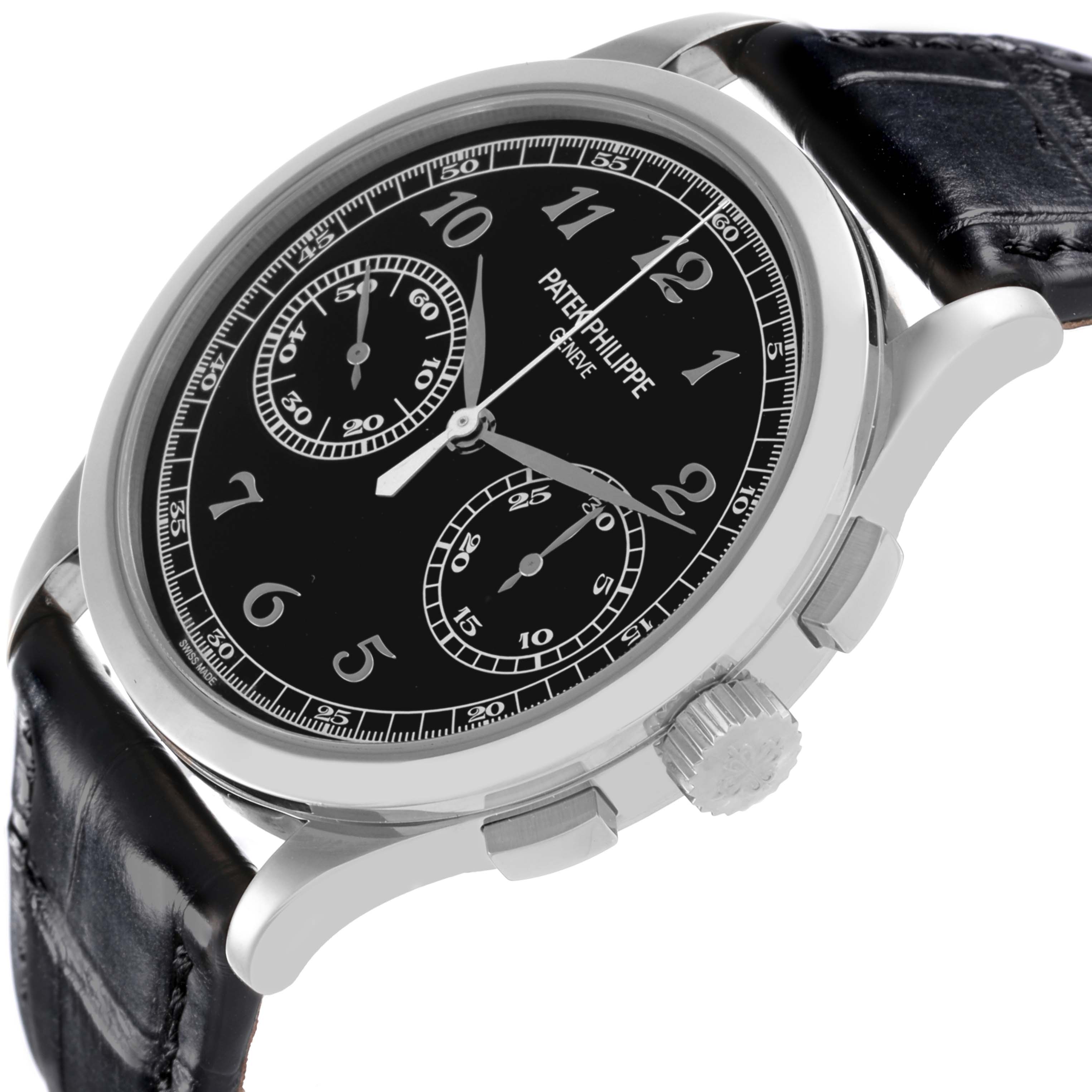 The Patek Philippe Complications 5170G-010 Men's White Gold Black Dial 5170G-010 Men's White Gold Black Dial watch is shown at an oblique angle, highlighting the face, crown, and black leather strap.